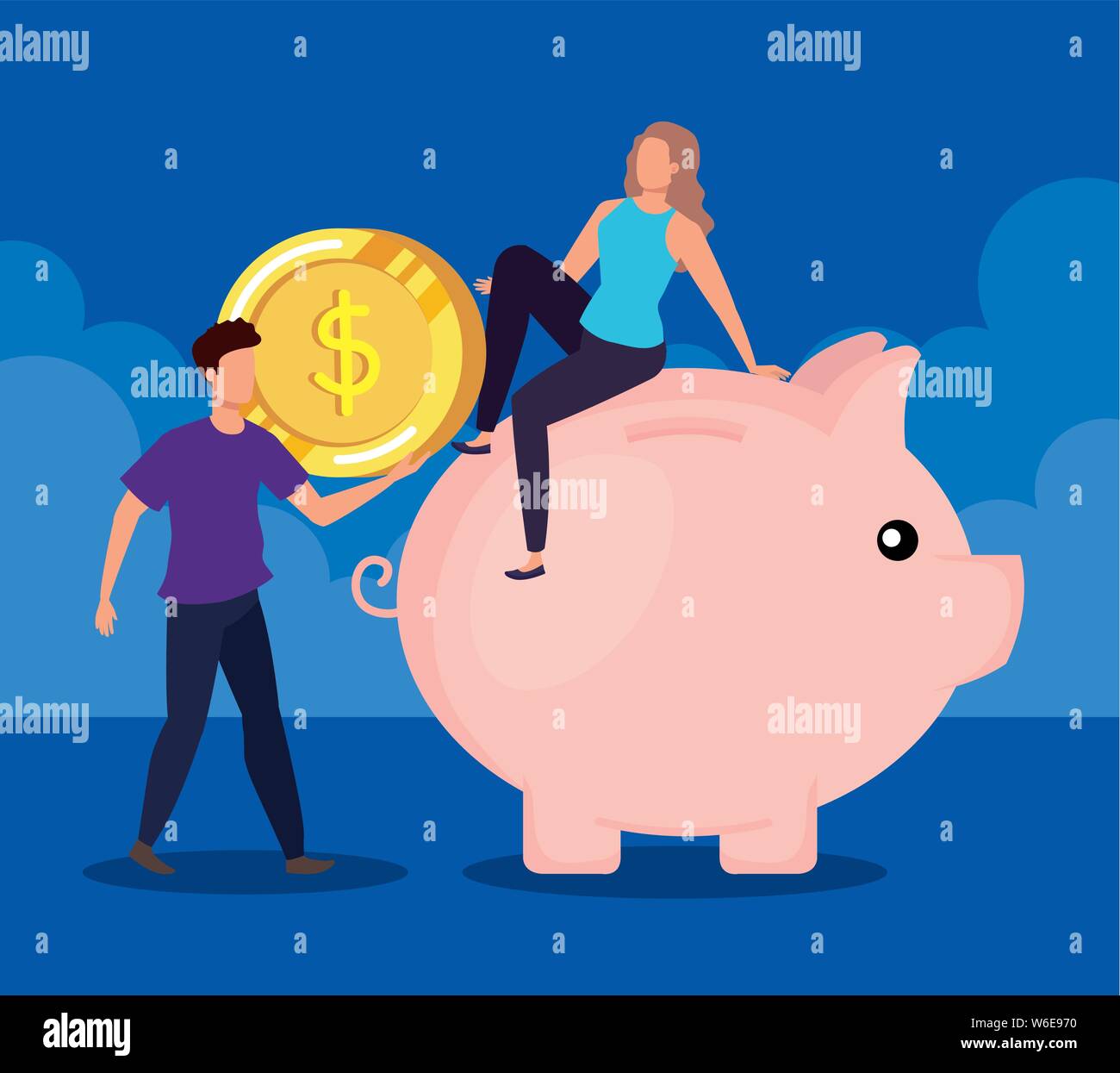 businesswoman and businessman with piggy and cash coin Stock Vector ...