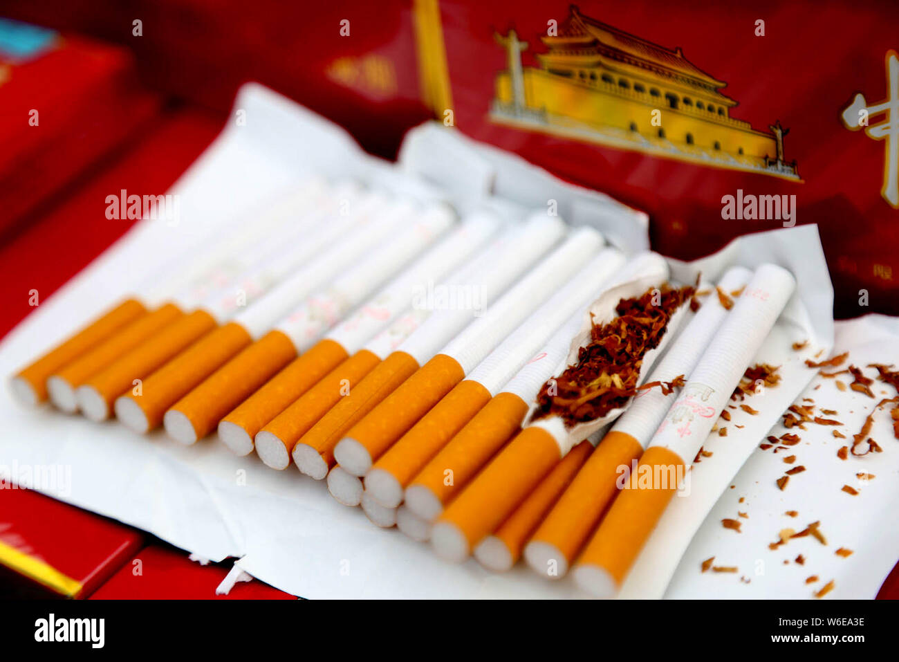 --FILE--View of fake cigarettes seized by police in Xiamen city, southeast China's Fujian province, 4 November 2017.   A proposed reform to China's mo Stock Photo