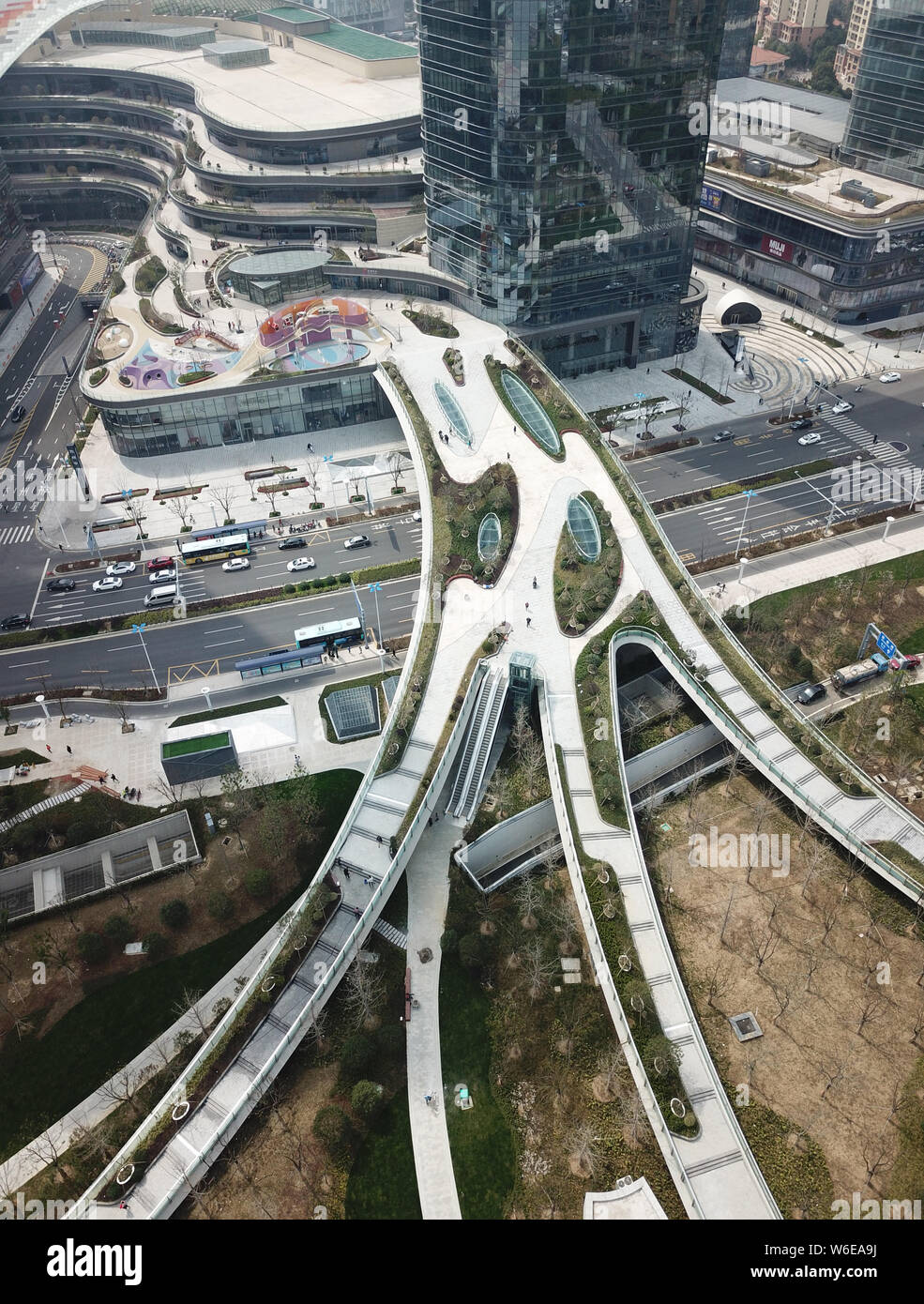 Aerial view of China's first overpasses of steel structure with spatial special-shaped near the Suzhou Center in Suzhou city, east China's Jiangsu pro Stock Photo