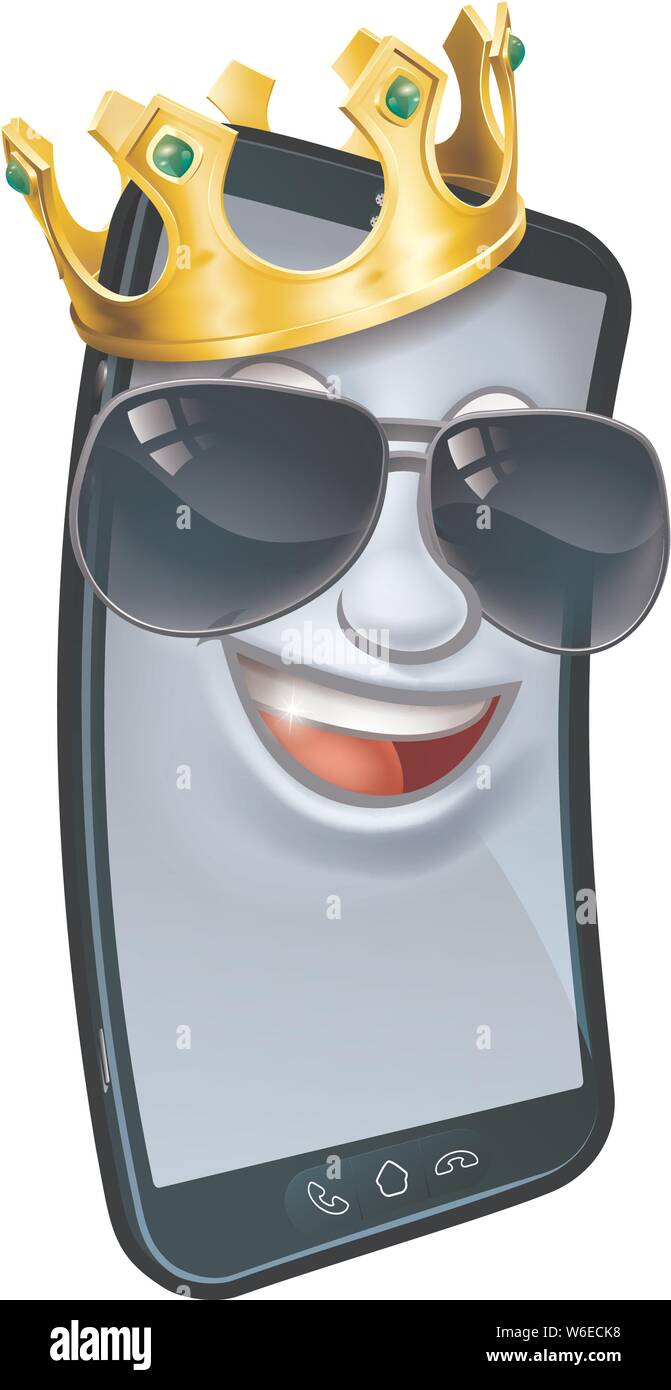 Mobile Phone Cool Shades King Crown Cartoon Mascot Stock Vector