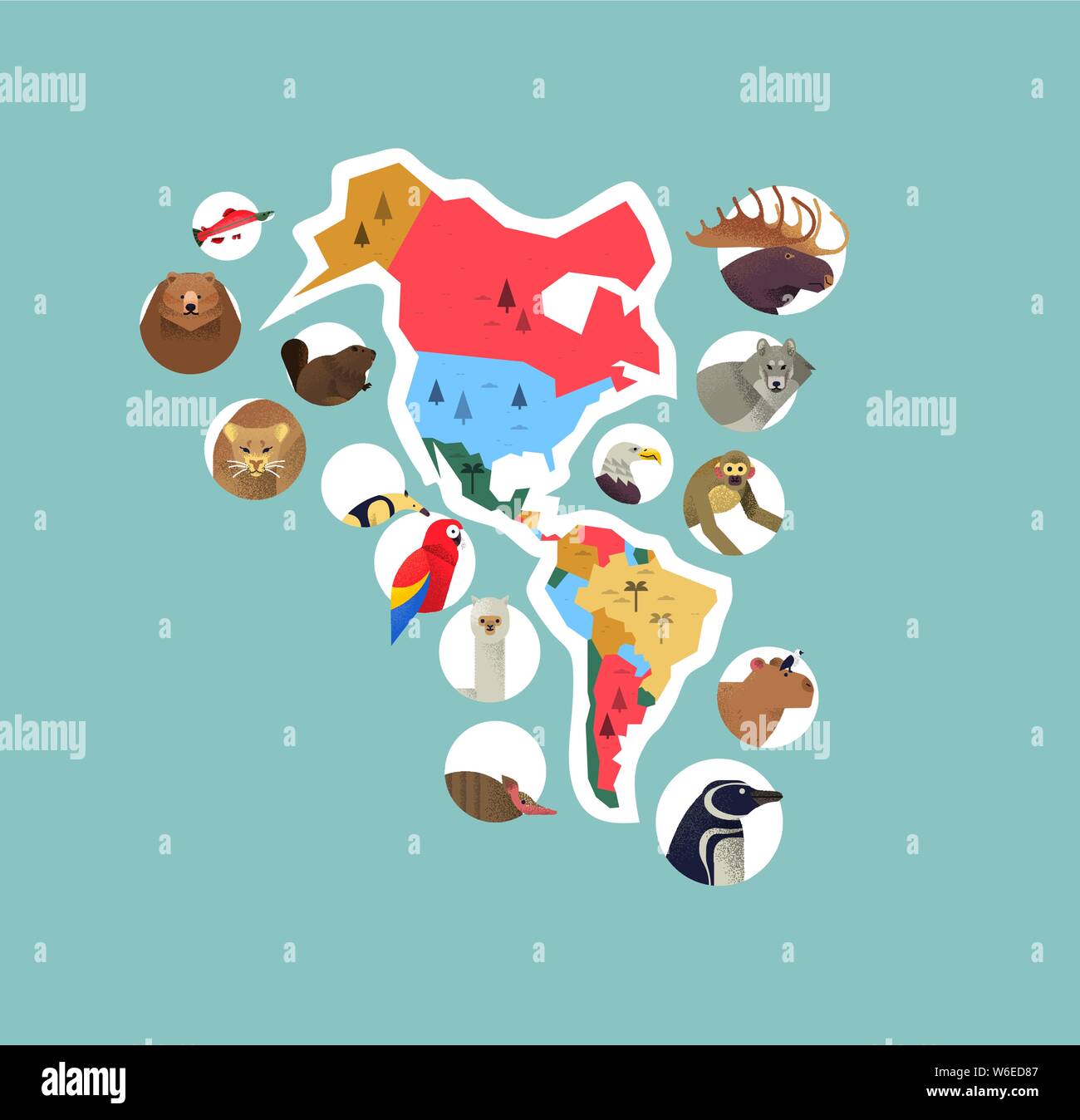 The Americas continent map with wild animals from south and north america. Diverse wildlife icons includes bear, monkey, bird, wolf, exotic fauna. Stock Vector