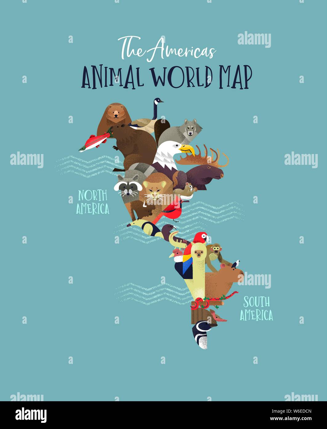 The Americas map made of wild animals from south and north america. Diverse wildlife in continent shape includes bear, monkey, bird, wolf, exotic faun Stock Vector