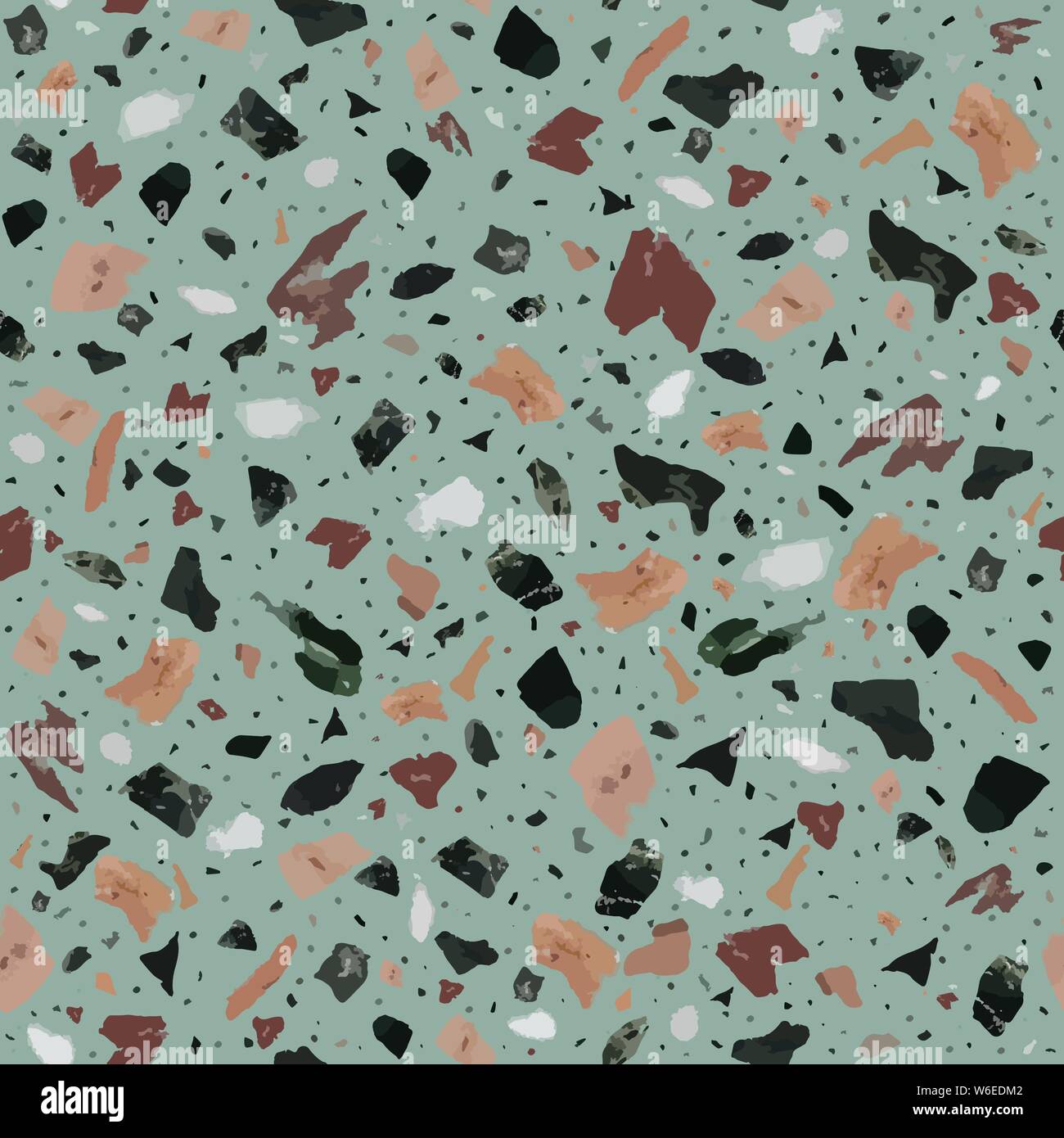 Colorful terrazzo flooring seamless pattern with realistic color stones and rocks on blue background. Traditional stone material tile illustration. Stock Vector