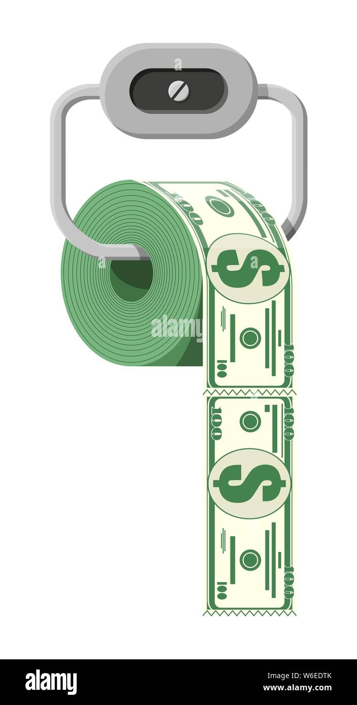 Hank of toilet paper dollar money. Garbage waste investment. Losing or wasting money, overspending, bankruptcy or crisis. Vector illustration in flat style Stock Vector