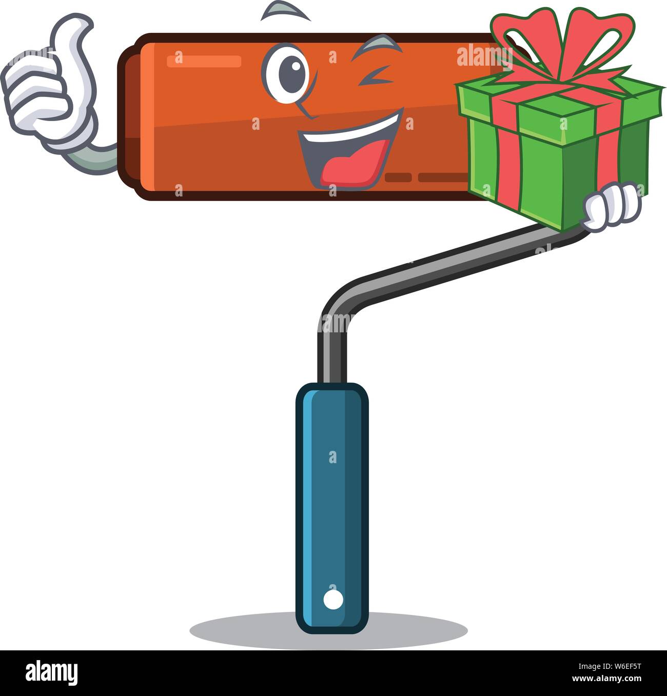 With gift paint roller in the character bucket Stock Vector