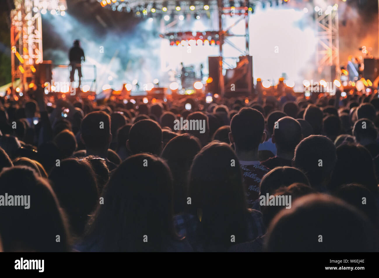 Crowd of spectators having fun at a concert applauding musicians on ...