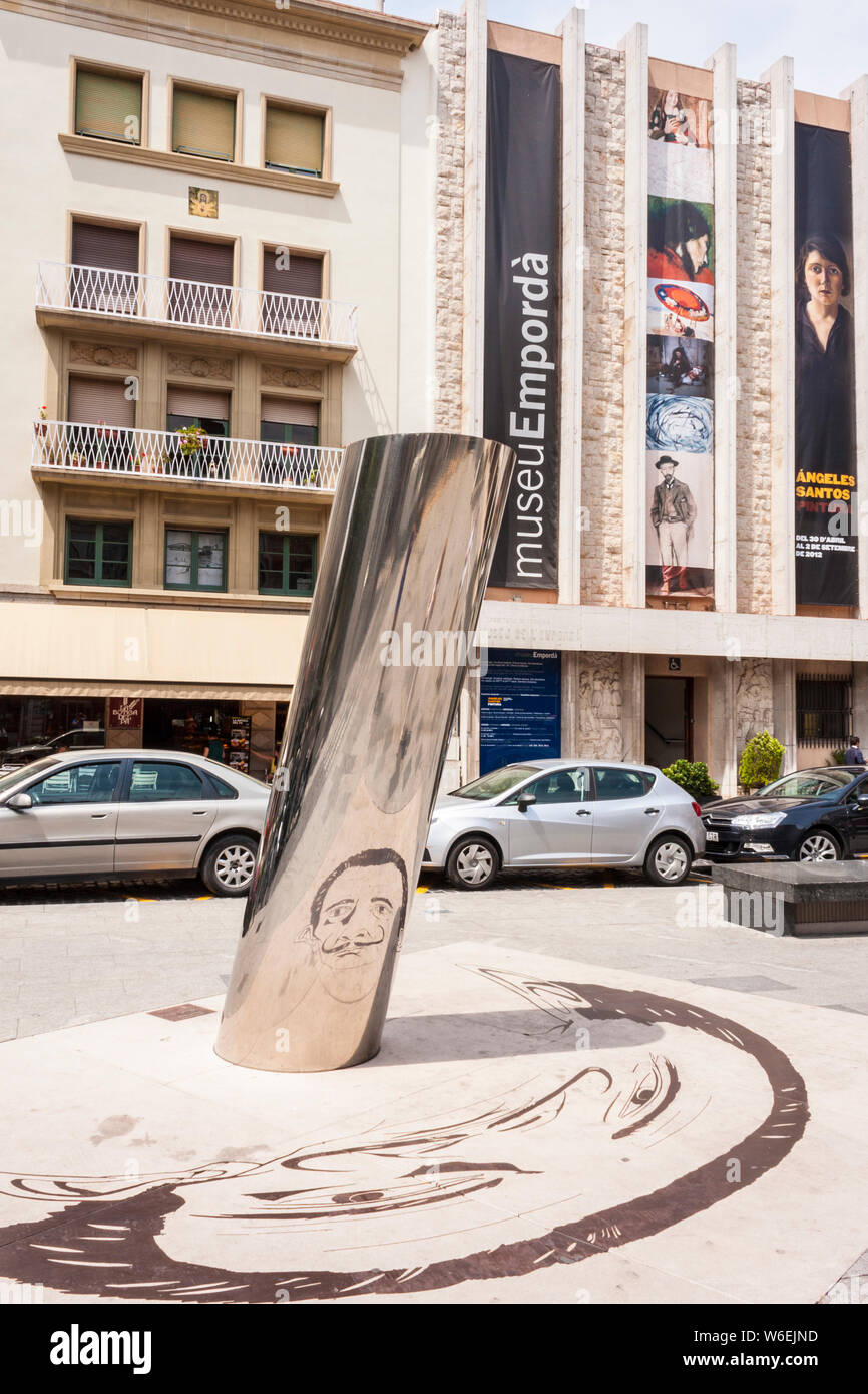 Artwork of the artist Salvador Dali; a reflection of a self portrait on the sidewalk in Figueres, Girona, Catalonia, Spain, Europe. Stock Photo