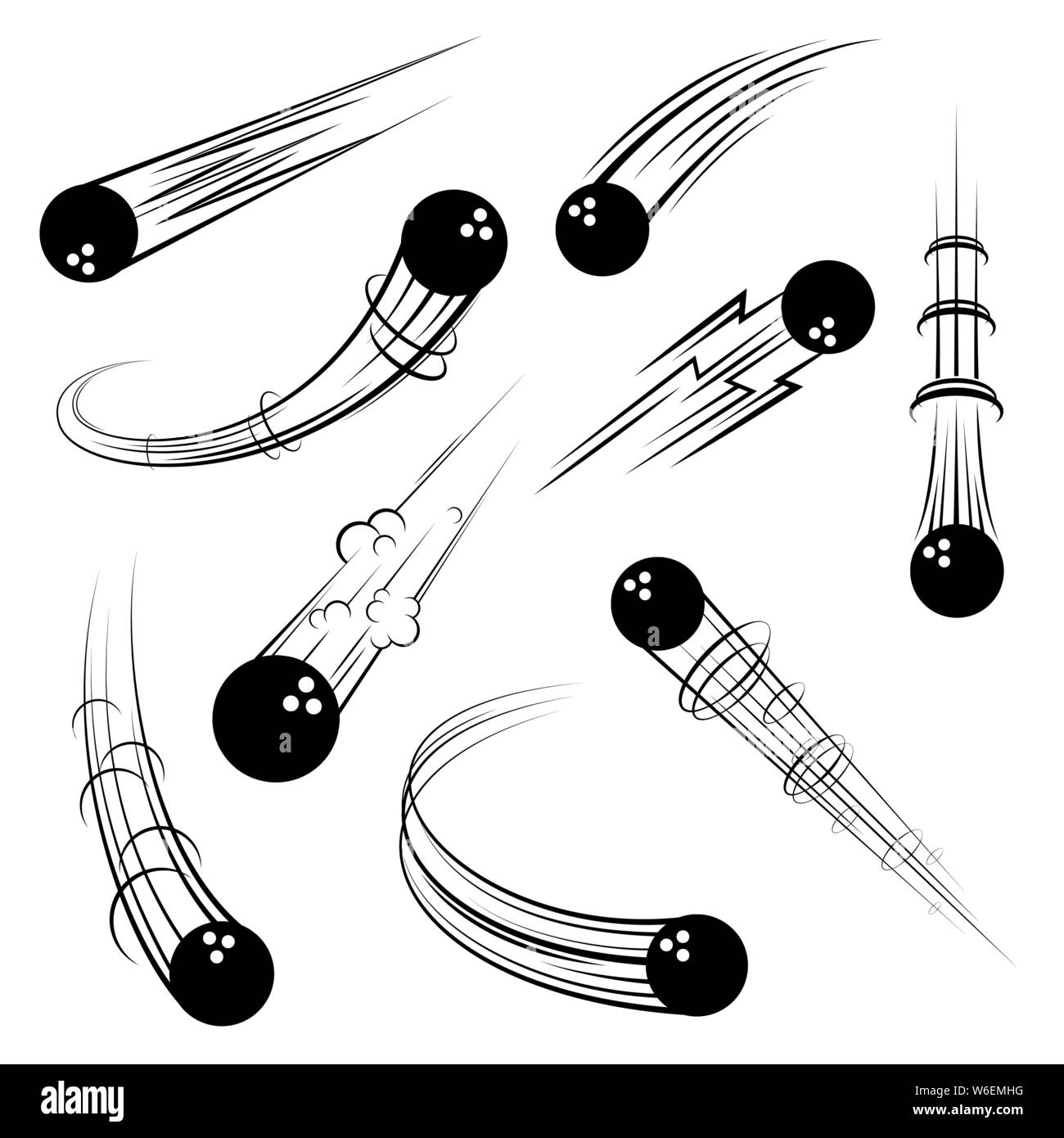 Set of different outline bowling balls movement symbols Stock Vector