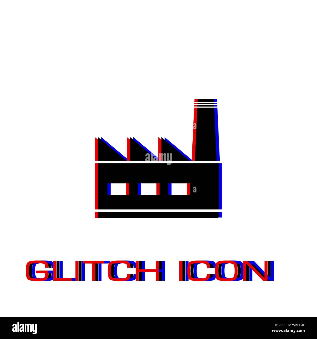 Factory icon flat. Simple pictogram - Glitch effect. Vector illustration symbol Stock Vector