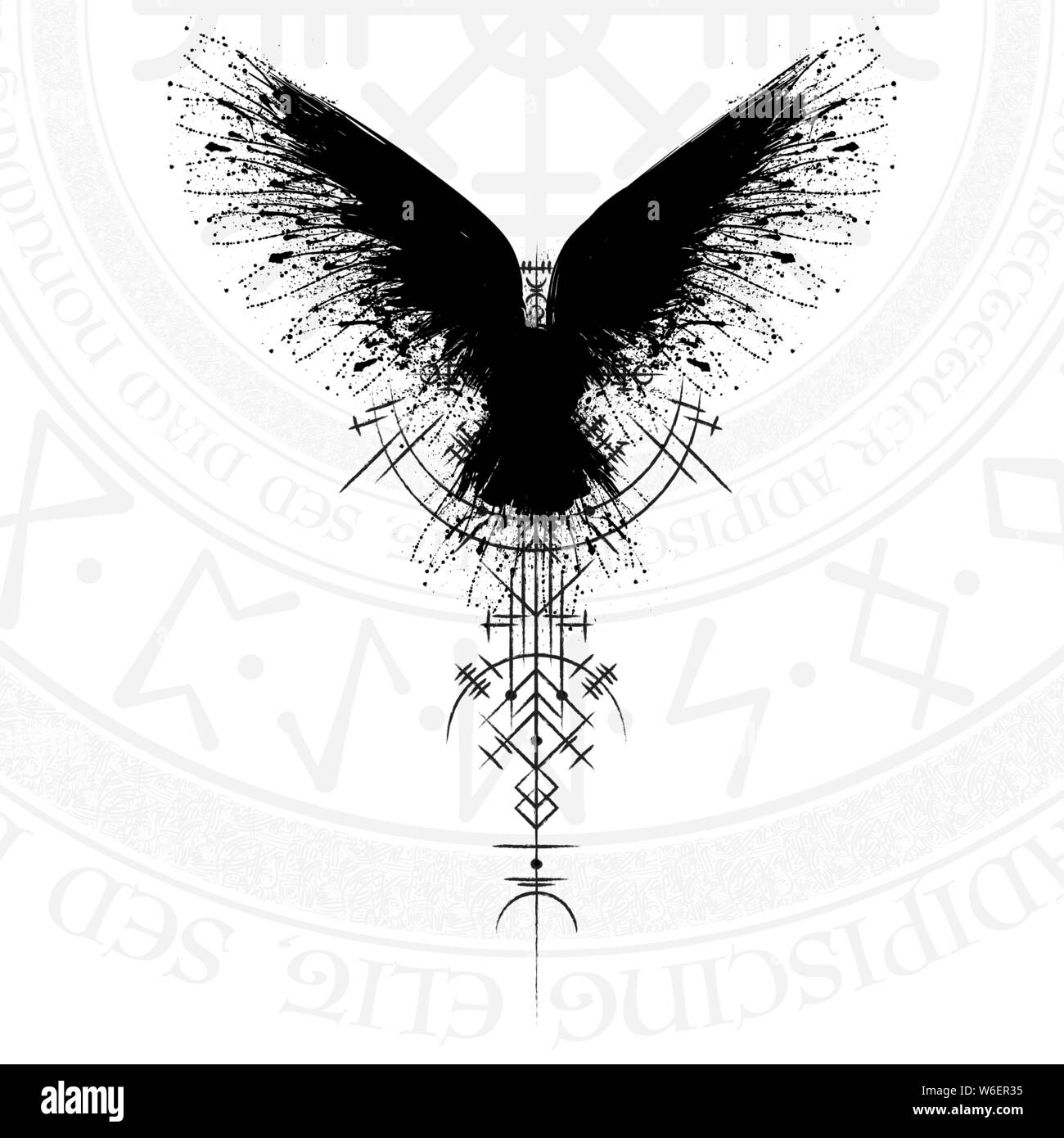 Black grunge bird silhouette with viking symbol on white background Stock Vector
