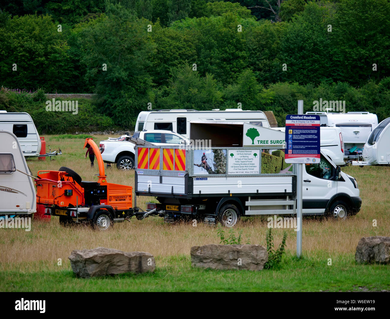Large Gypsy Roma Traveller camp moves into Cromford Meadow near UNESCO World Heritage Site, Matlock, Derbyshire, UK Stock Photo