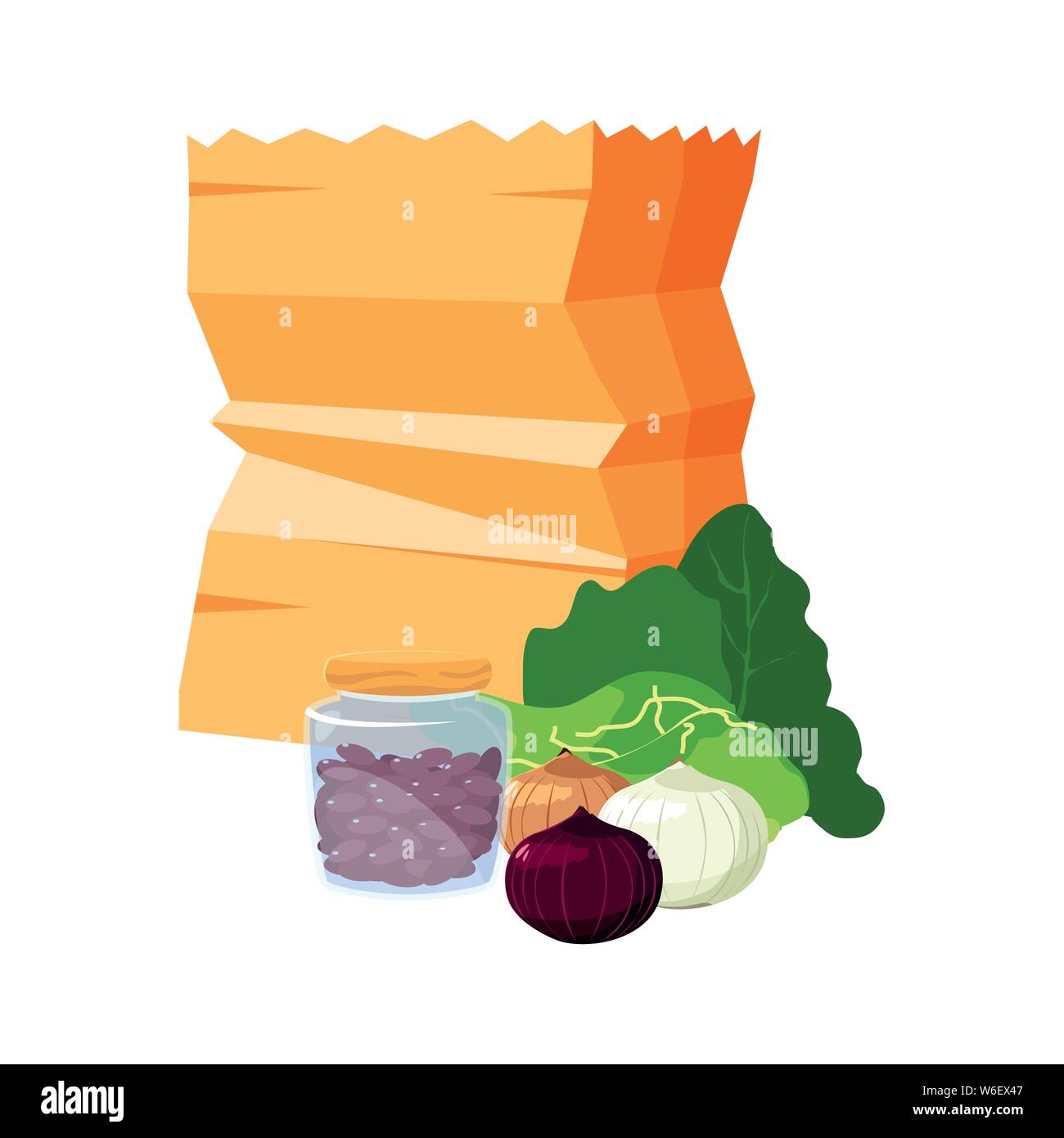 grocery paper bag lettuce beans onions vector illustration Stock Vector
