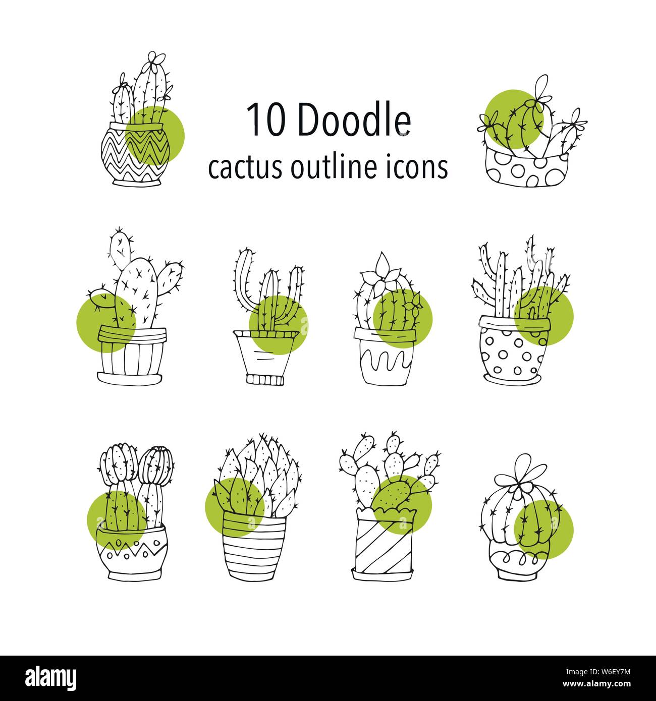 Set of 10 handdrawn doodle icons of cactus vases. Cactus succulents ...