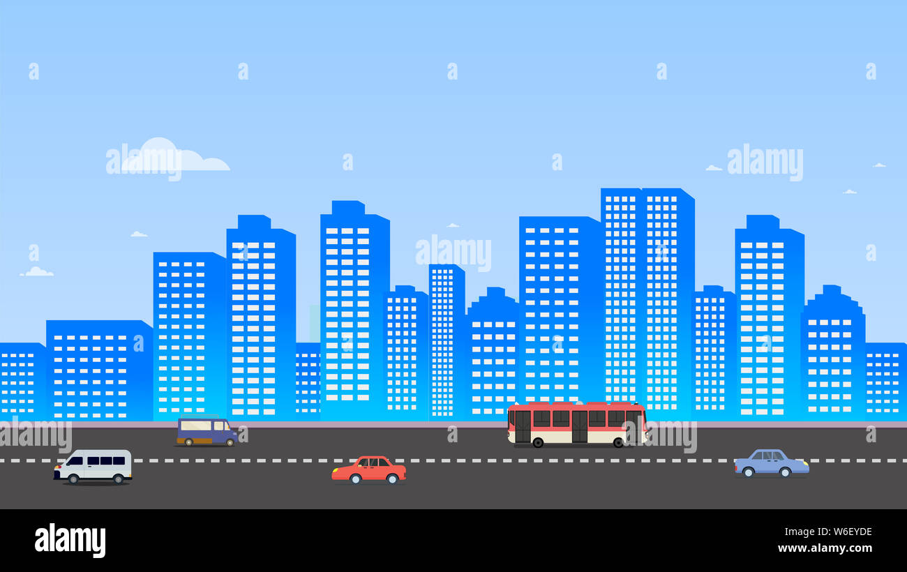 Cityscape with cars on street and sky background illustration.Buildings landscape. Daytime cityscape in flat style.Modern city scene design Stock Photo