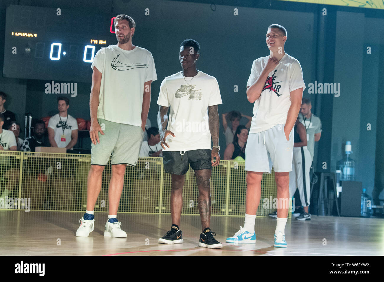 Berlin, Germany. 27th July, 2019. Professional basketball players Dirk  Nowitzki (l-r), Dennis Schröder and Moritz Wagner at a Nike basketball  festival. Credit: Jörg Carstensen/dpa/Alamy Live News Stock Photo - Alamy