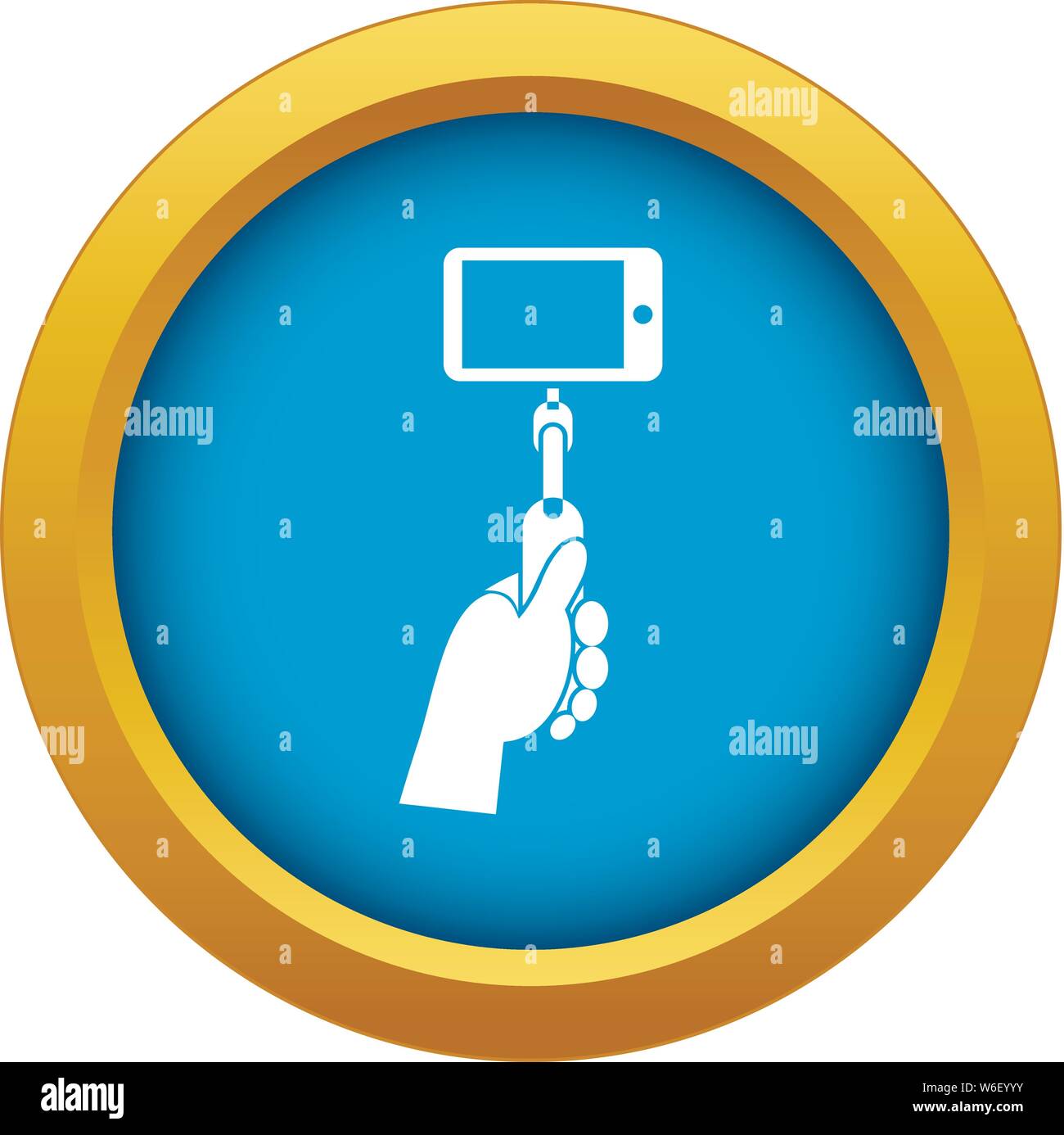 Hand holding a selfie stick with mobile phone icon blue vector isolated ...