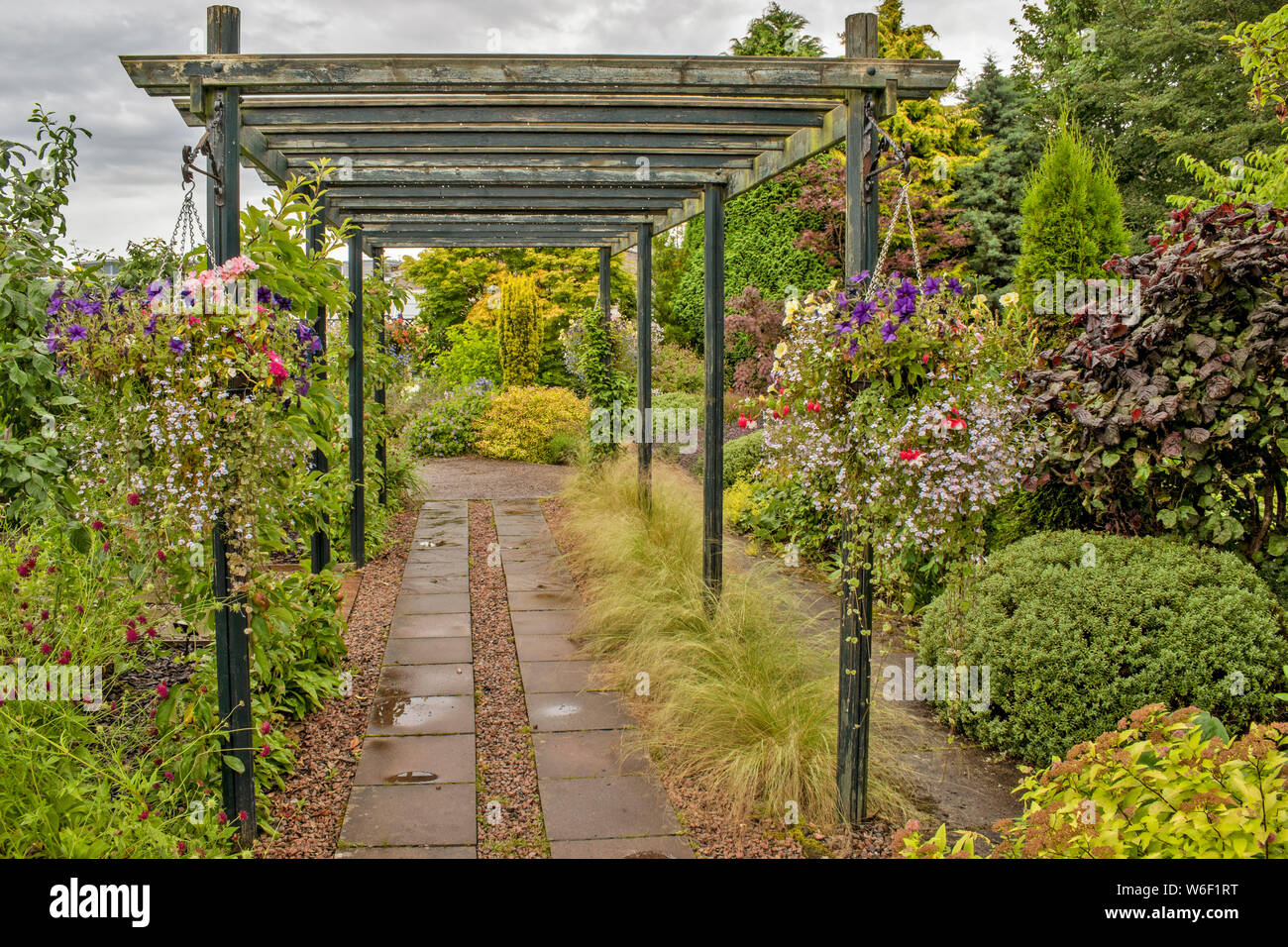INVERNESS SCOTLAND THE BOTANIC GARDENS PERGOLA WITH HANGING BASKETS OF COLOURFUL FLOWERS AND GRASSES AT THE BASE Stock Photo