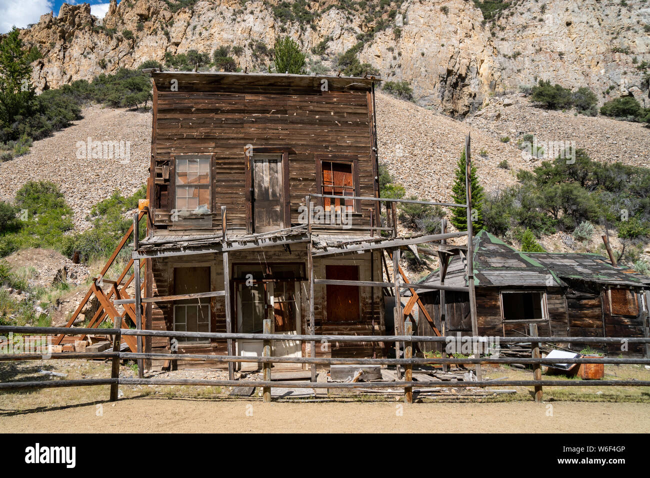 Ruins of the abandoned Bayhorse Ghost Town in the Salmon Challis National Forest of Idaho Stock