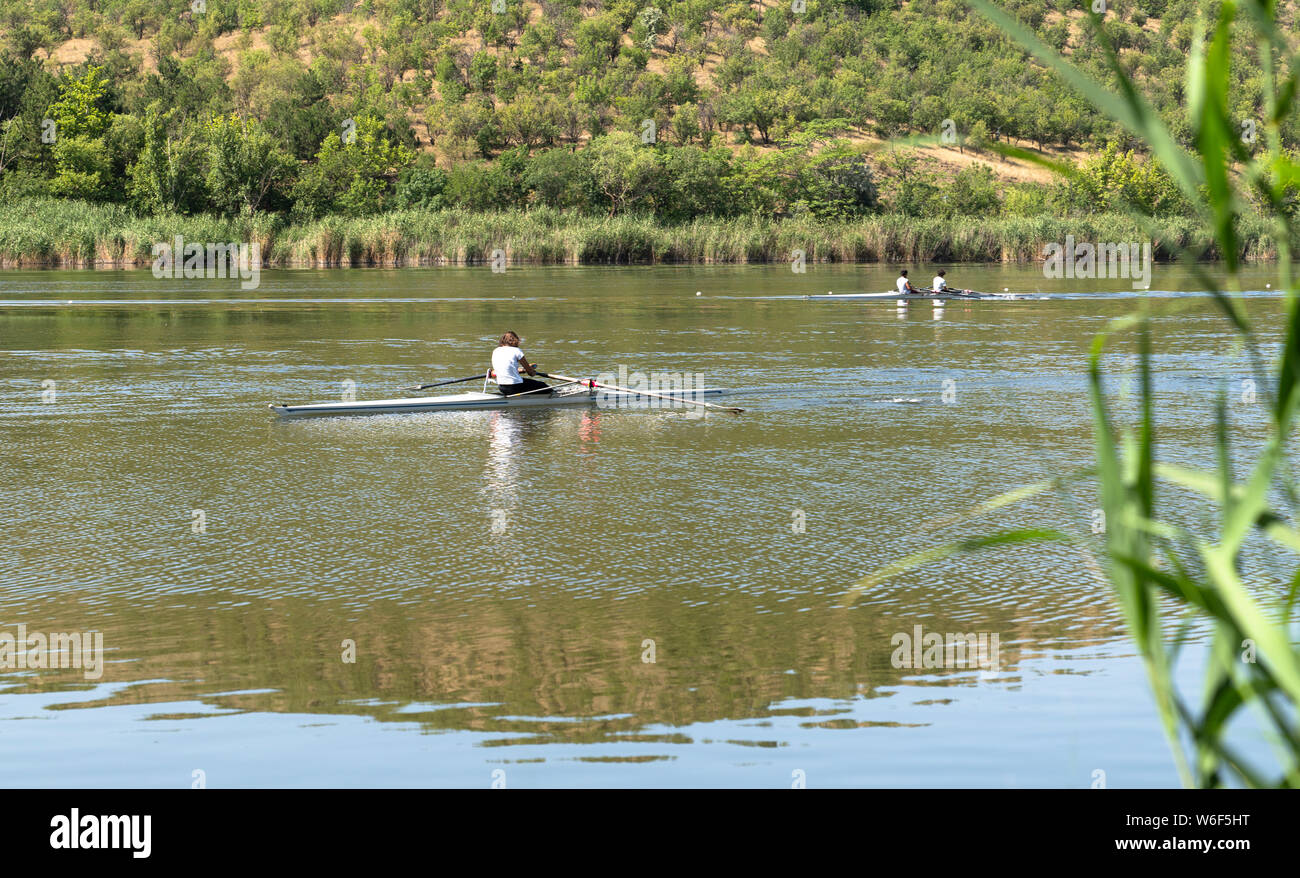Ankara / Turkiye - July 28 2019: Canoe paddlers in Lake Eymir Stock Photo