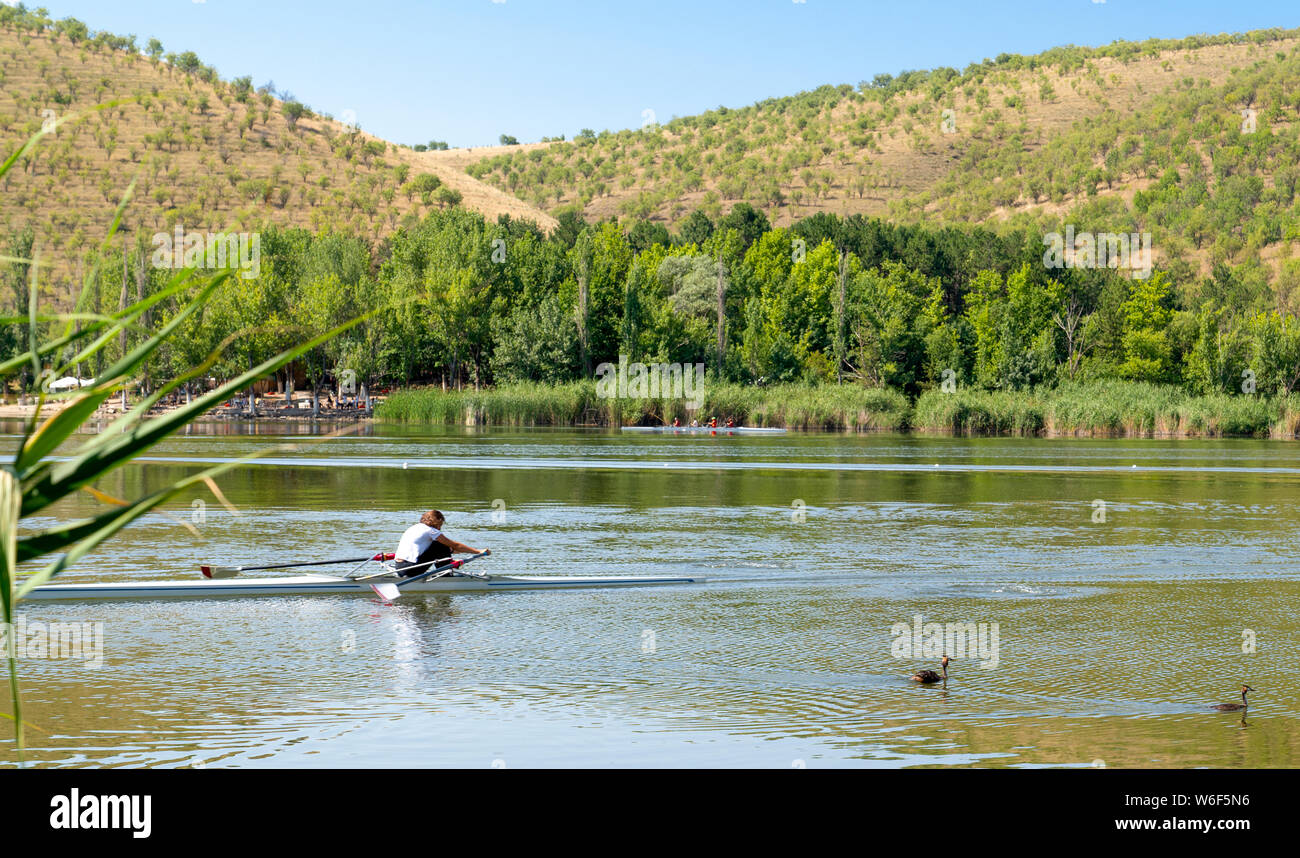 Ankara / Turkiye - July 28 2019: Canoe paddlers in Lake Eymir Stock Photo