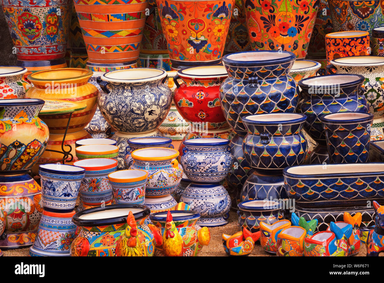 Colorful display of pottery at one of the many eclectic shops in the