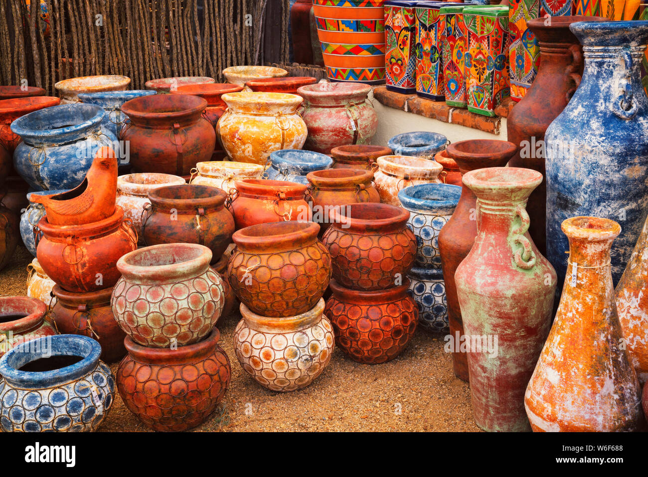 Colorful display of pottery at one of the many eclectic shops in the