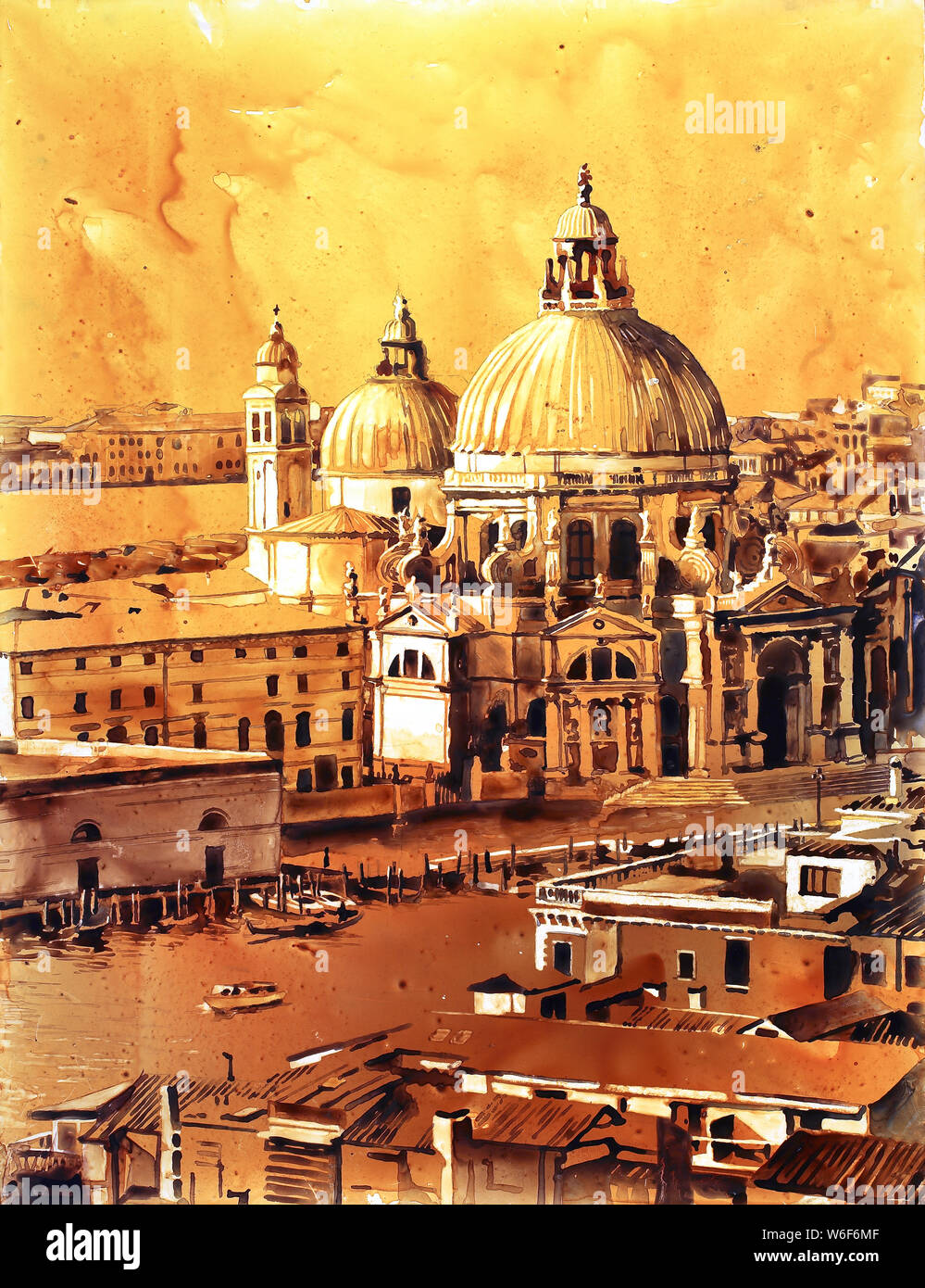 Basilica di Santa Maria in Venice, Italy.  Watercolor painting of Venice Italy artwork fine art painting yellow home decor Venice Stock Photo