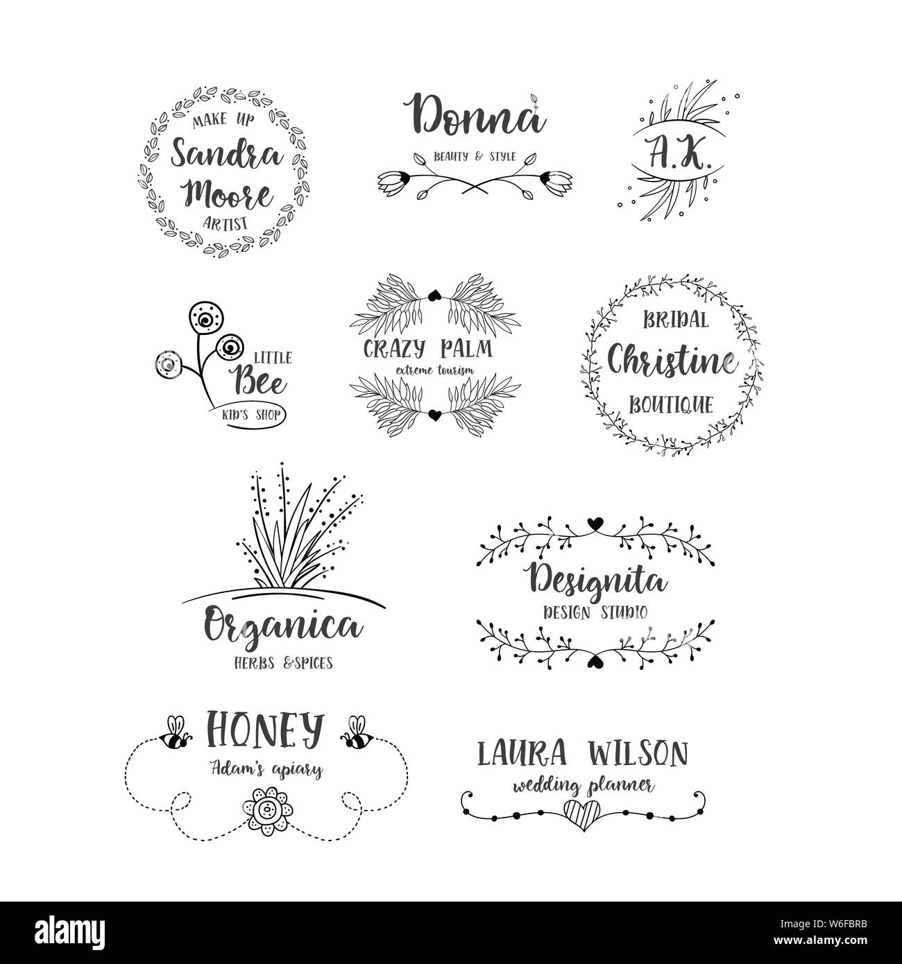 Vector set of handdrawn floral logos. Hand drawn spring collection with