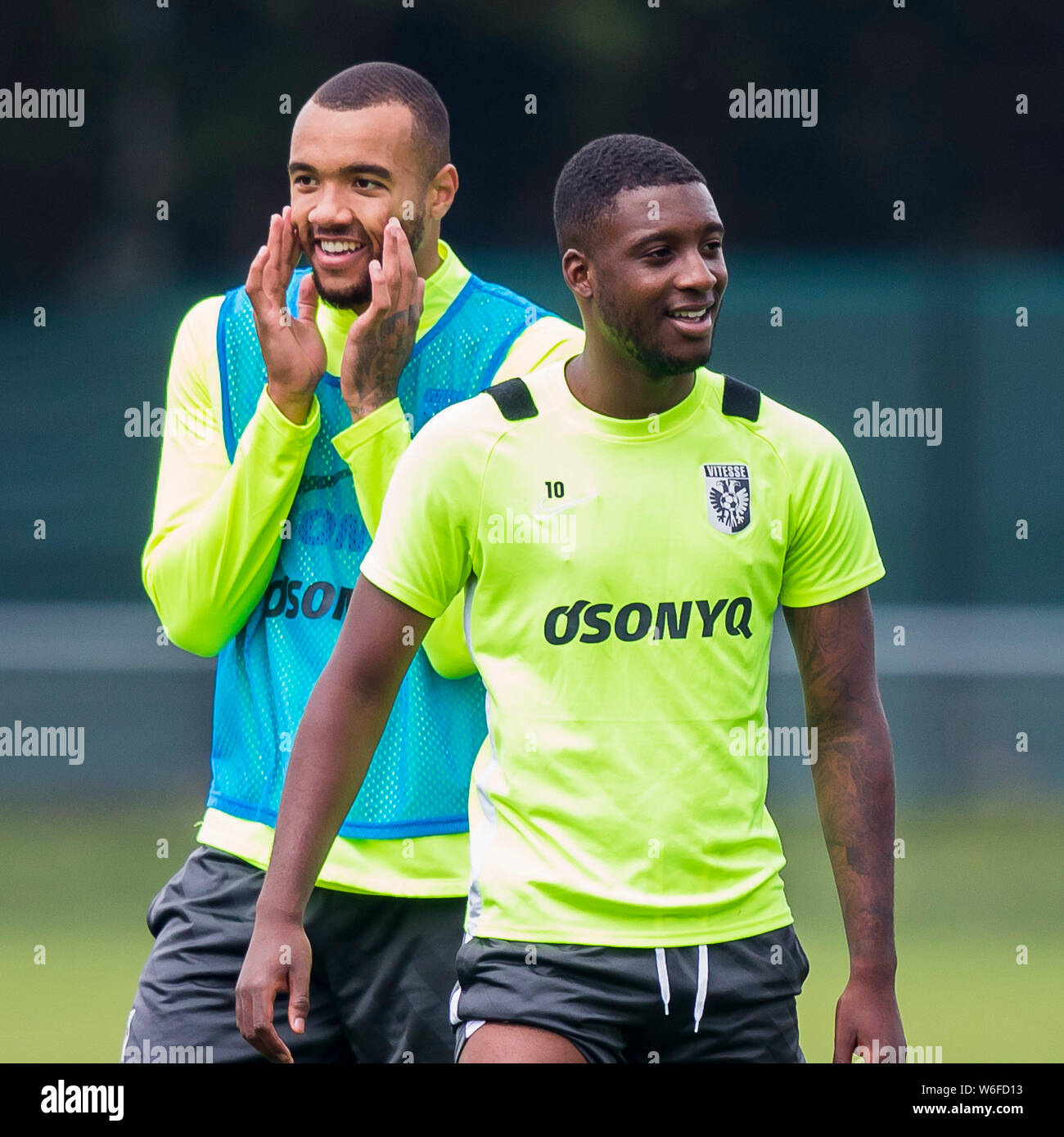 Arnhem, Netherlands. 01st Aug, 2019. ARNHEM, training Vitesse, football, Eredivisie, season 2019-2020, 01-08-2019, Training centre Papendal, Vitesse player Riechedly Bazoer (R), Vitesse player Jay-Roy Grot (L) Credit: Pro Shots/Alamy Live News Stock Photo