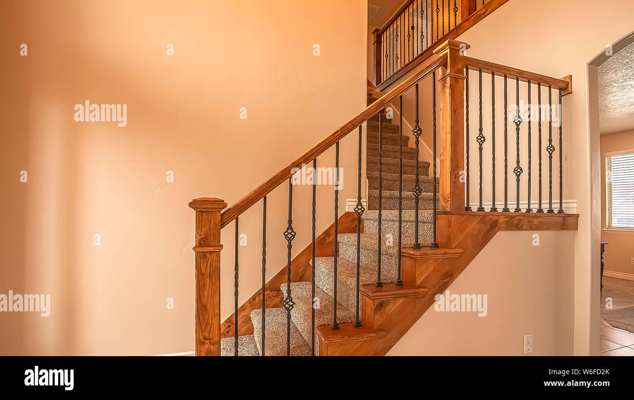 Panorama Frame Carpeted Stairs With Wood Handrail And Metal