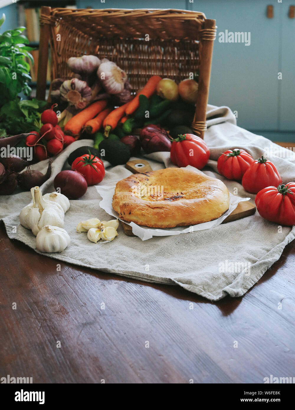 Homemade bread and vegetables Stock Photo