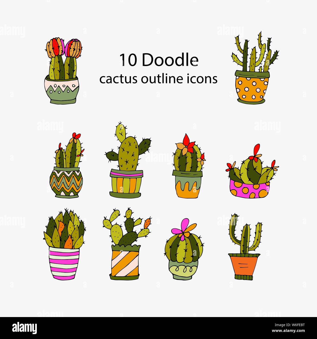 Set of 10 handdrawn doodle icons of cactus vases. Cactus succulents ...