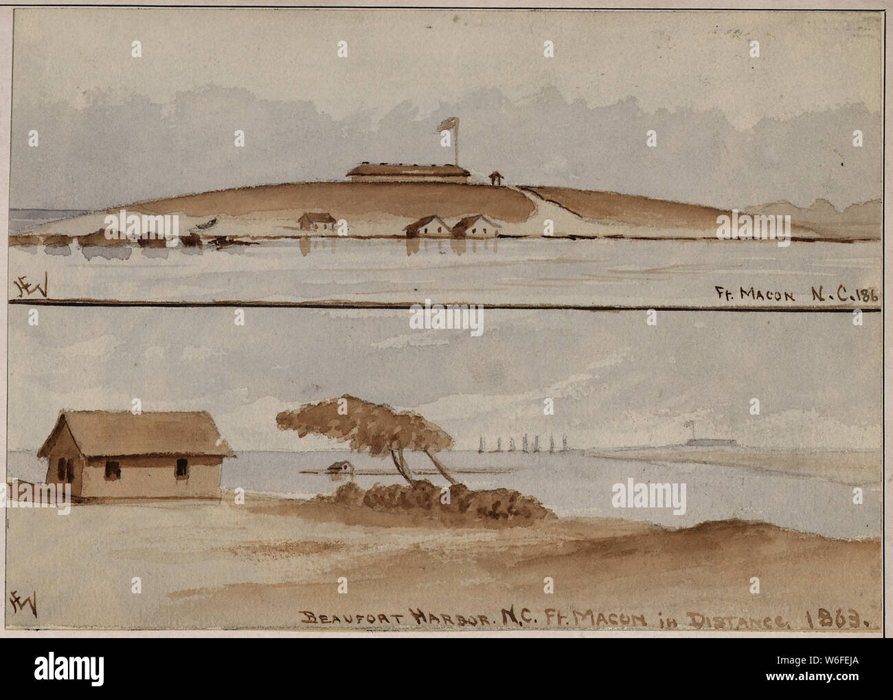 Beaufort Harbor and Fort Macon, N. Carolina, 1863. (Two individual sketches), 1863 Stock Photo