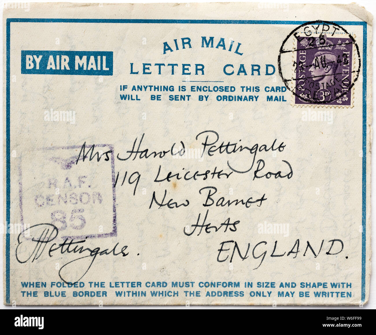Censored air-mail letter card sent from Egypt to the UK during WW2. Stock Photo