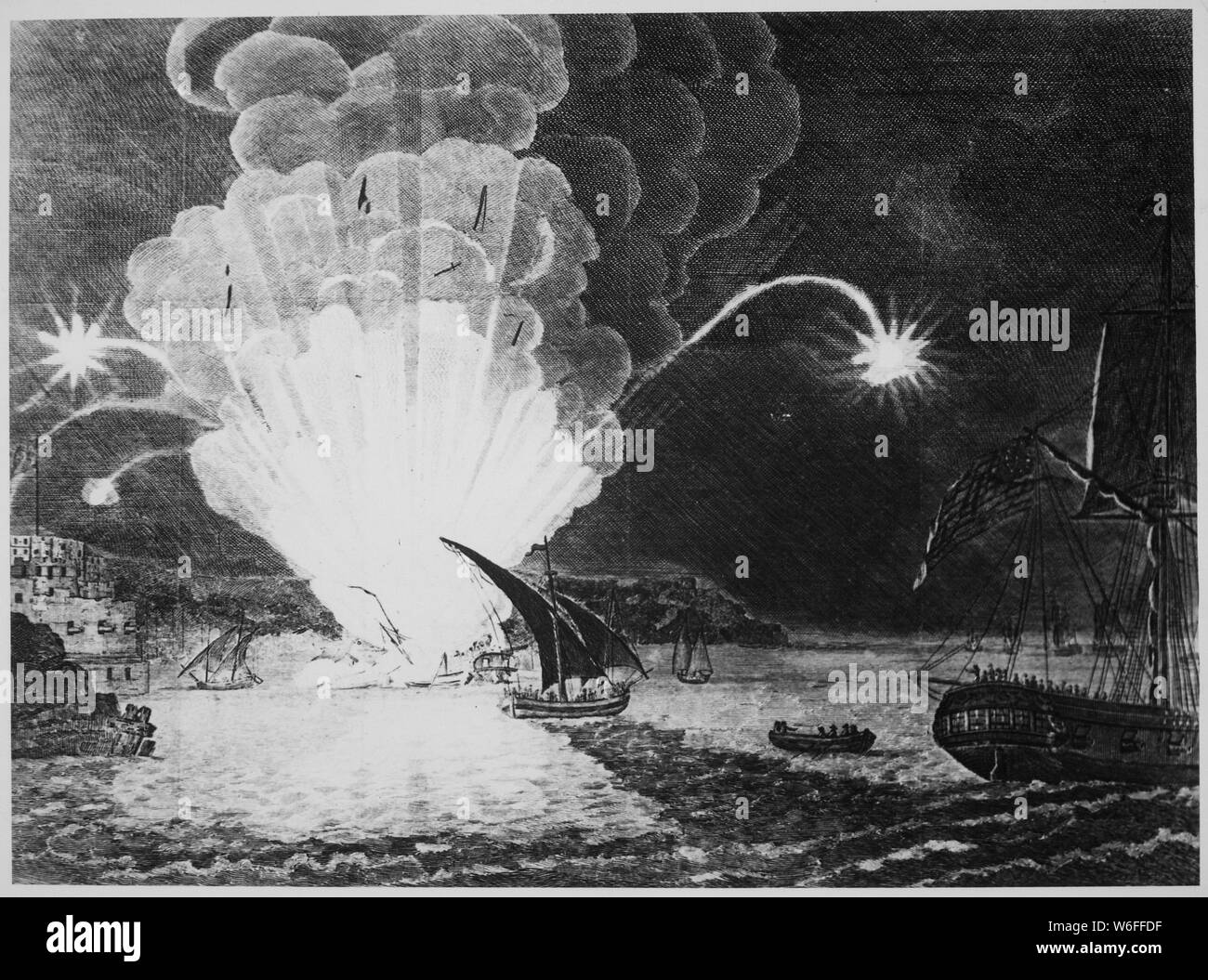 Blowing Up of the Fire Ship Intrepid commanded by Captain Somers in the Harbour of Tripoli on the night of 4th September, 1804. This... shows her blowing up with Somers and her entire crew. Copy of engraving, circa 1810., 1942 - 1946; General notes:  Use War and Conflict Number 74 when ordering a reproduction or requesting information about this image. Stock Photo