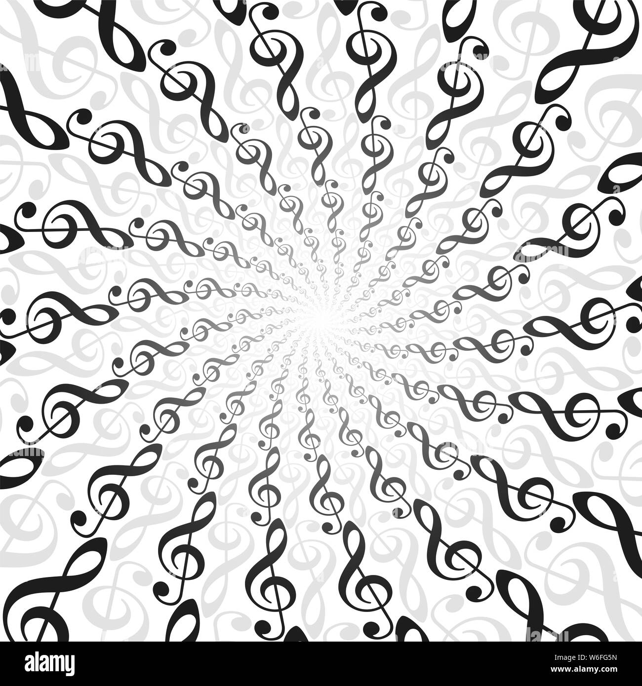Treble clefs music spirale pattern. Radial energetic tunnel with light center. Twisted circular fractal background illustration. Stock Photo