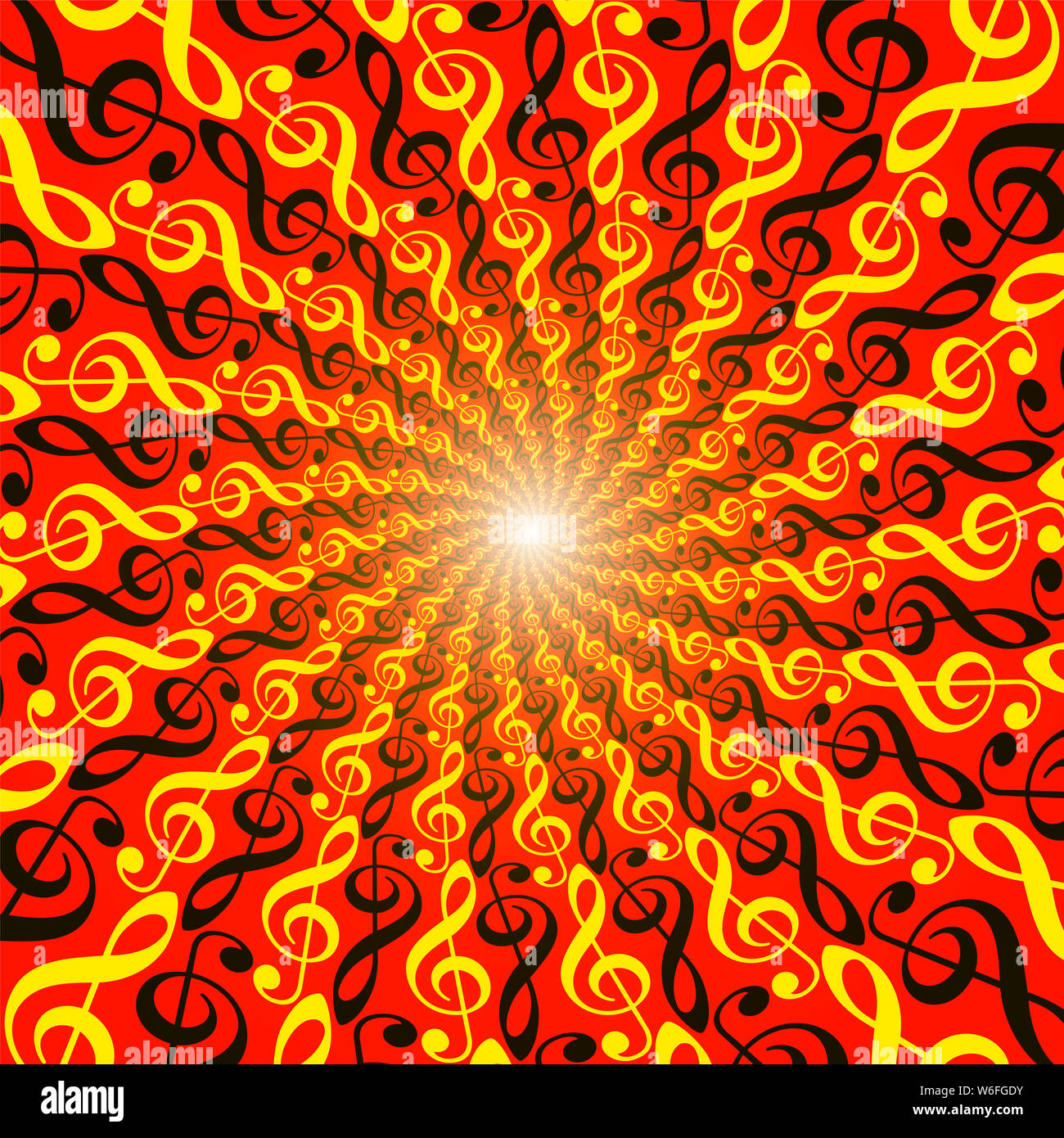 Treble clefs explosion. Powerful spirale pattern, luminous tunnel with shining center. Twisted circular red and yellow fractal background illustration Stock Photo