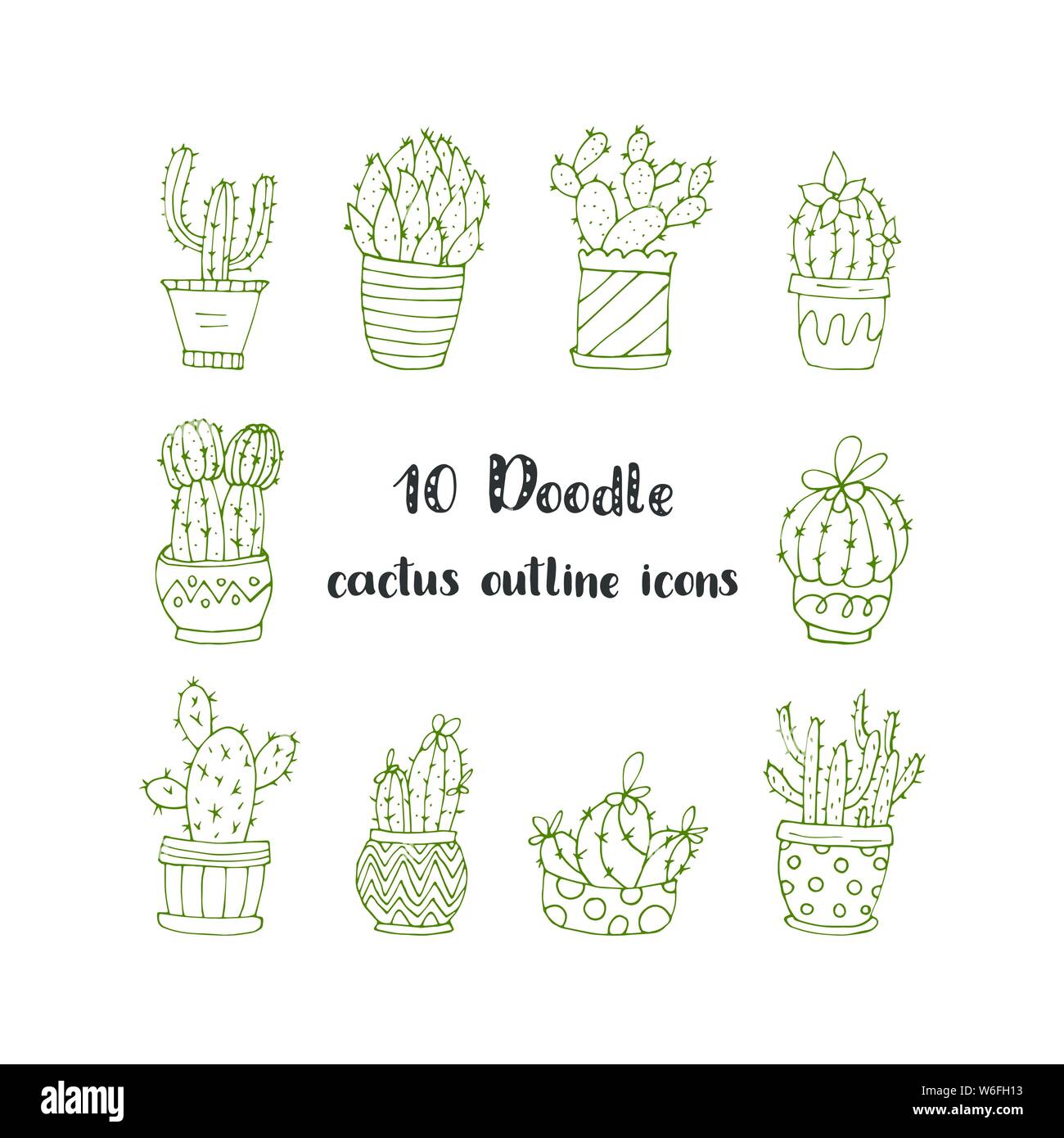 Set of 10 handdrawn doodle icons of cactus vases. Cactus succulents ...