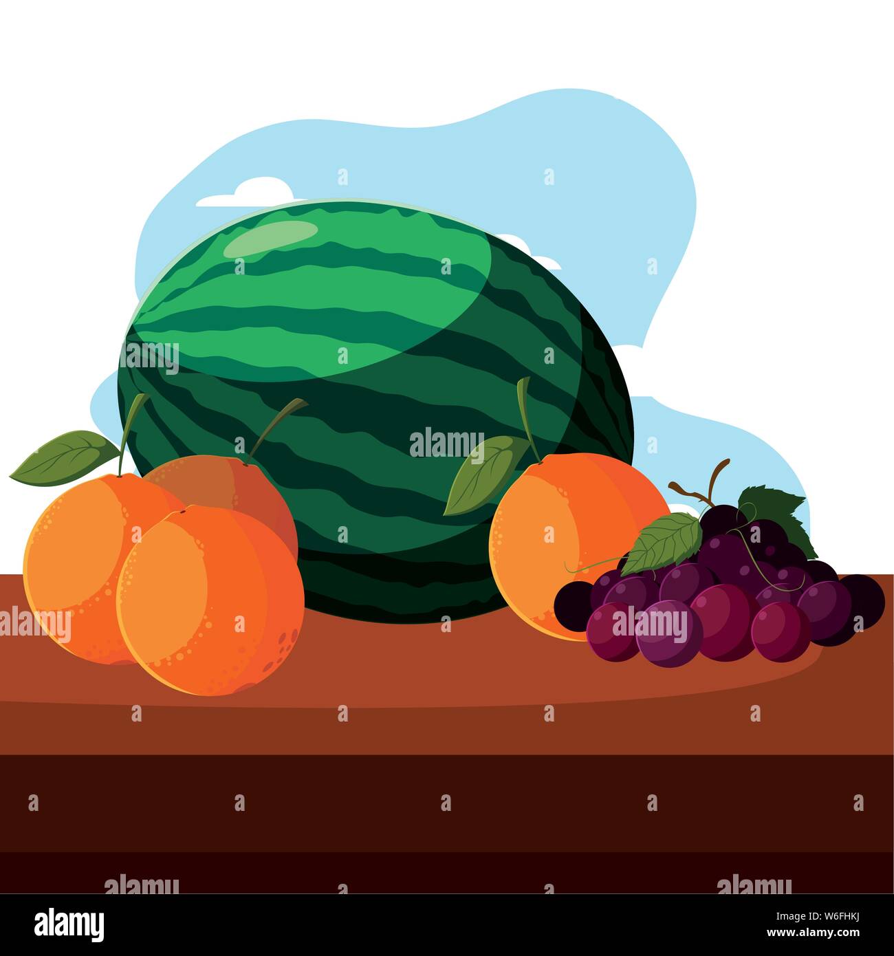 watermelon orange grapes fresh fruit on table outdoors vector ...