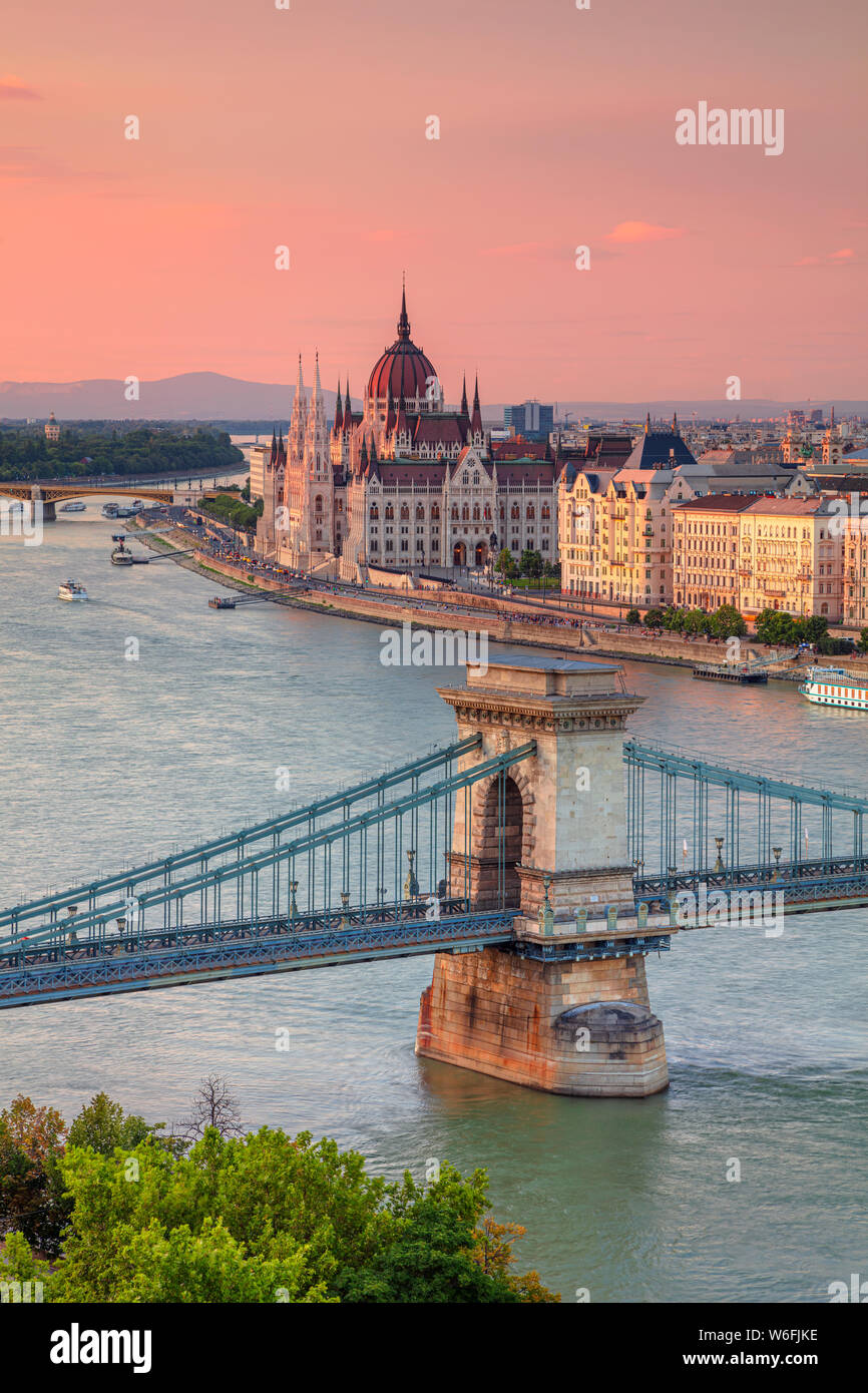 Budapest, Hungary. Aerial cityscape image of Budapest with Szechenyi Chain Bridge and parliament building during summer sunset. Stock Photo