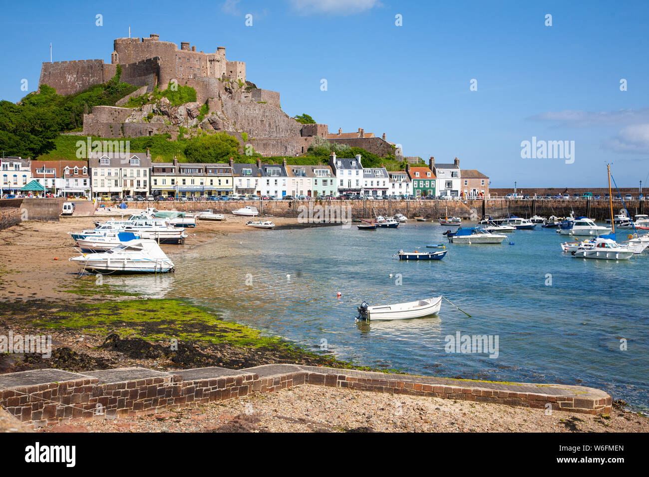 Gorey harbour and Mont Orgueil Castle, Jersey, The Channel Islands Stock  Photo - Alamy