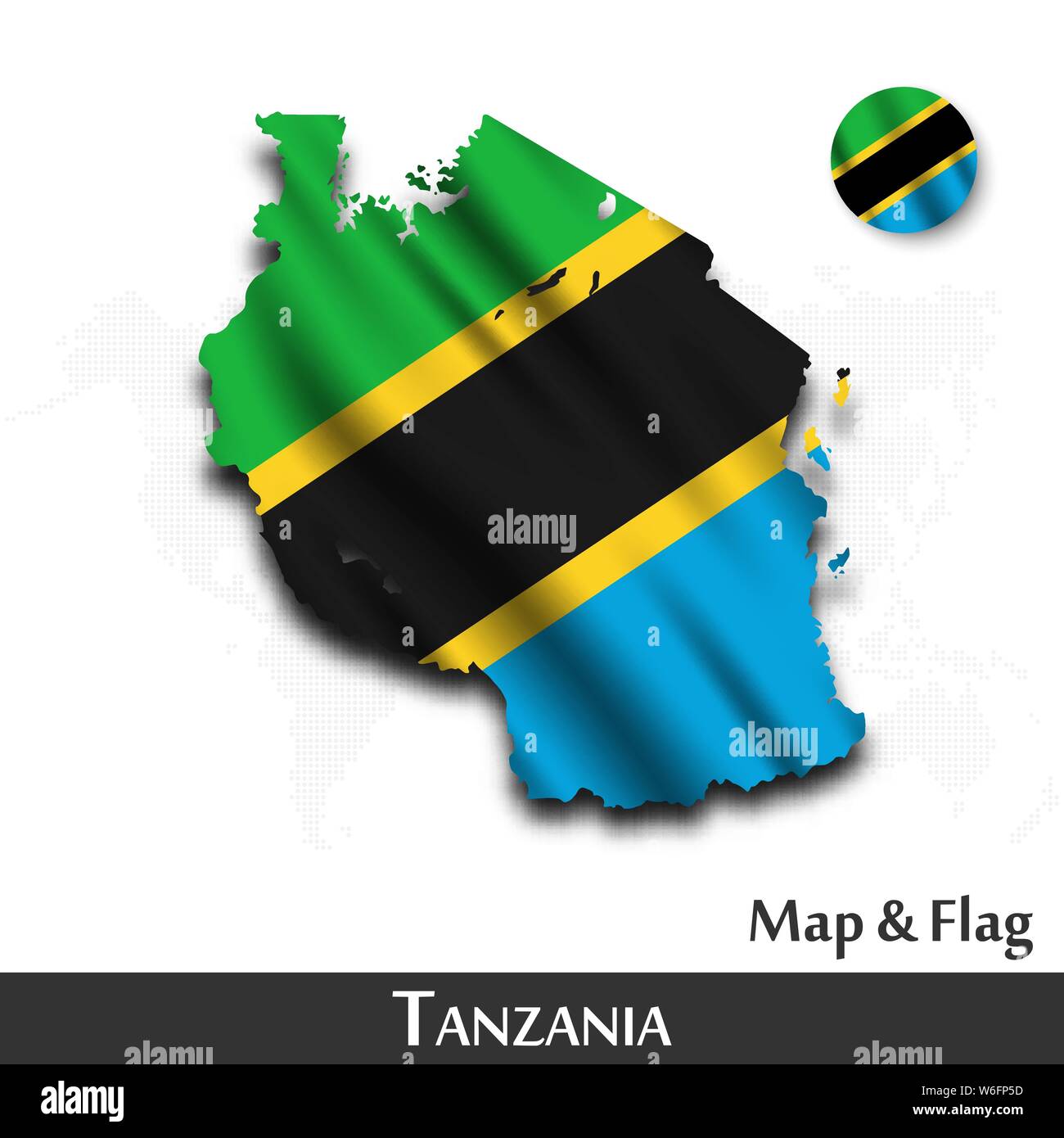 Tanzania map and flag . Waving textile design . Dot world map background . Vector Stock Vector