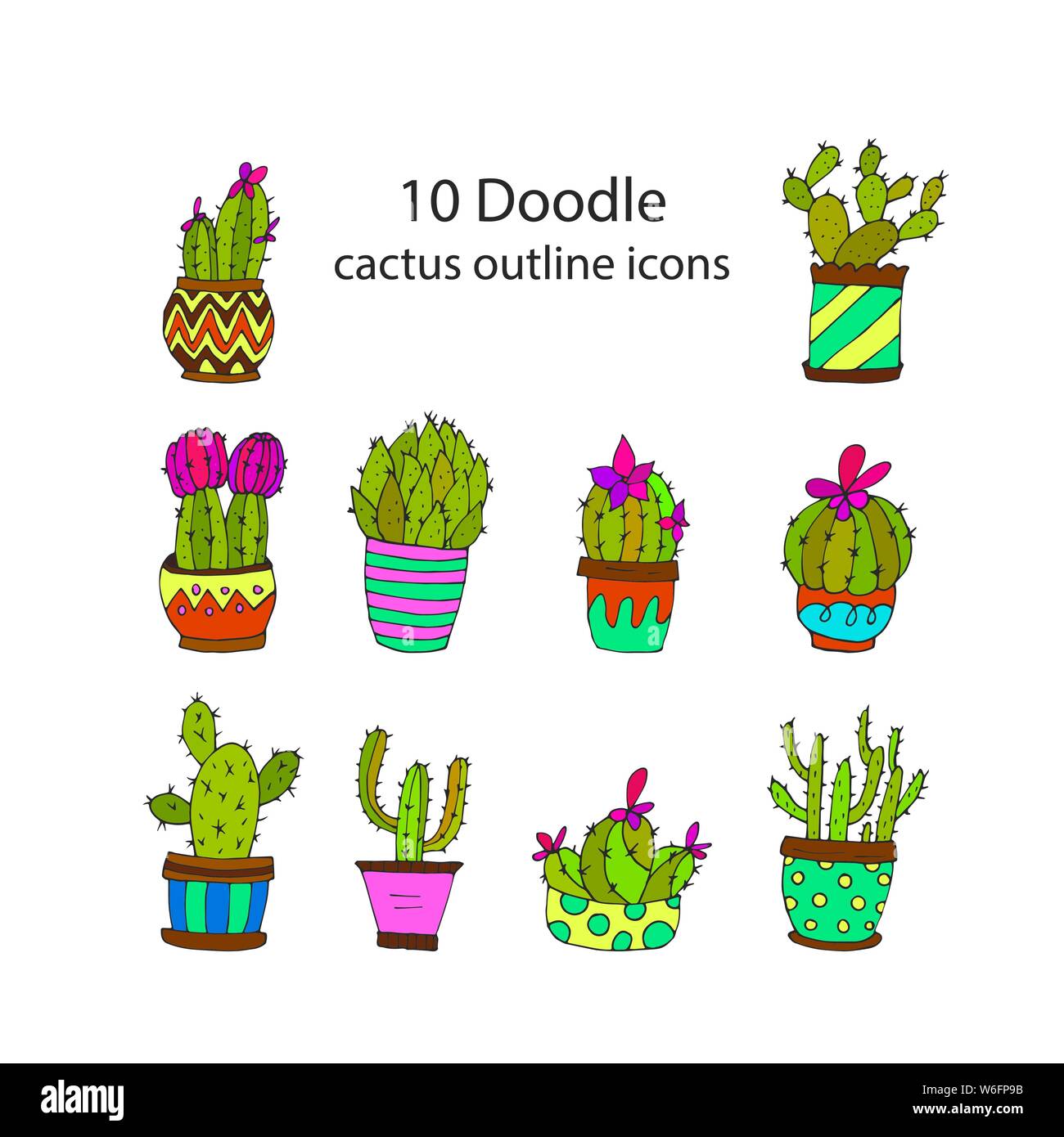 Set of 10 handdrawn doodle icons of cactus vases. Cactus succulents ...