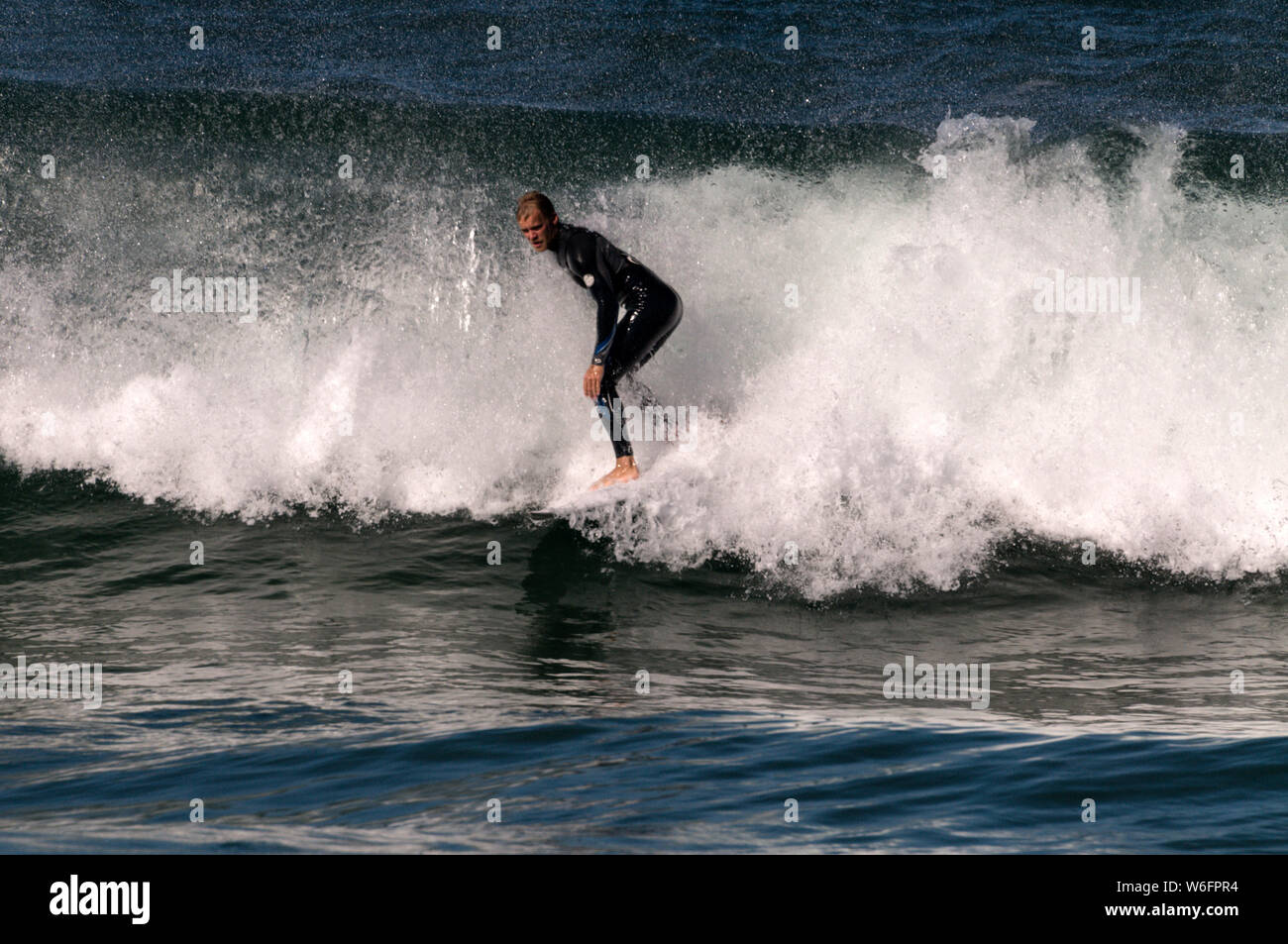 A surfer clad in his wetsuit on his surfboard, ploughing through the waves during the winter at Coogee beach, a wide circular sandy bay, a suburb of S Stock Photo