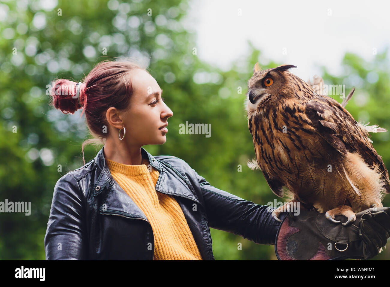 The owl sits on the girl's hand. The woman with the owl. Stock Photo