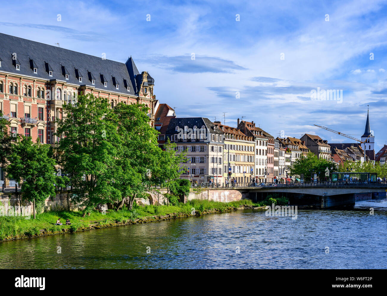 Gallia building, student residence, dorm accomodation, Ill river, waterfront houses perspective, Strasbourg, Alsace, France, Europe, Stock Photo
