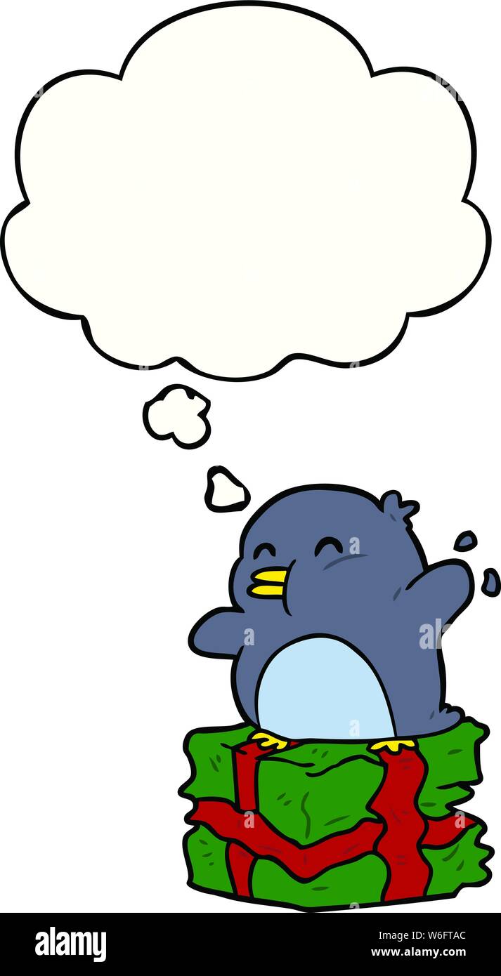 cartoon penguin on present with thought bubble Stock Vector