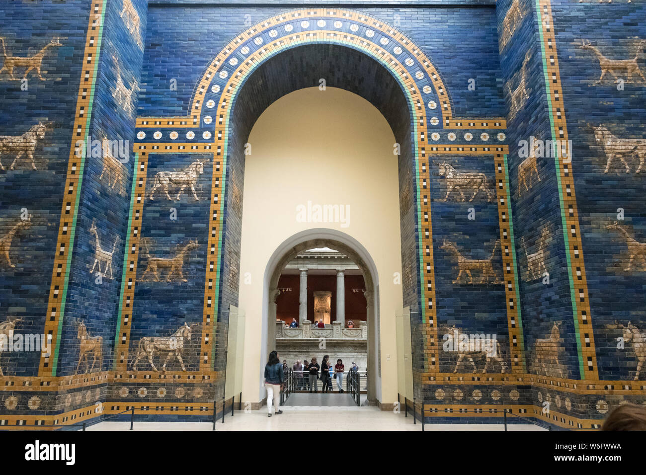 BERLIN, GERMANY - SEPTEMBER 26, 2018: Upwards overview of the blue Ishtar Gate of Babylon, decorated with extinct aurochs and mythological creatures Stock Photo