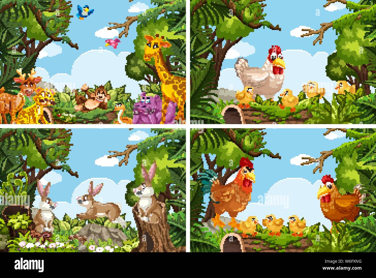 Set of various animals in nature scenes illustration Stock Vector