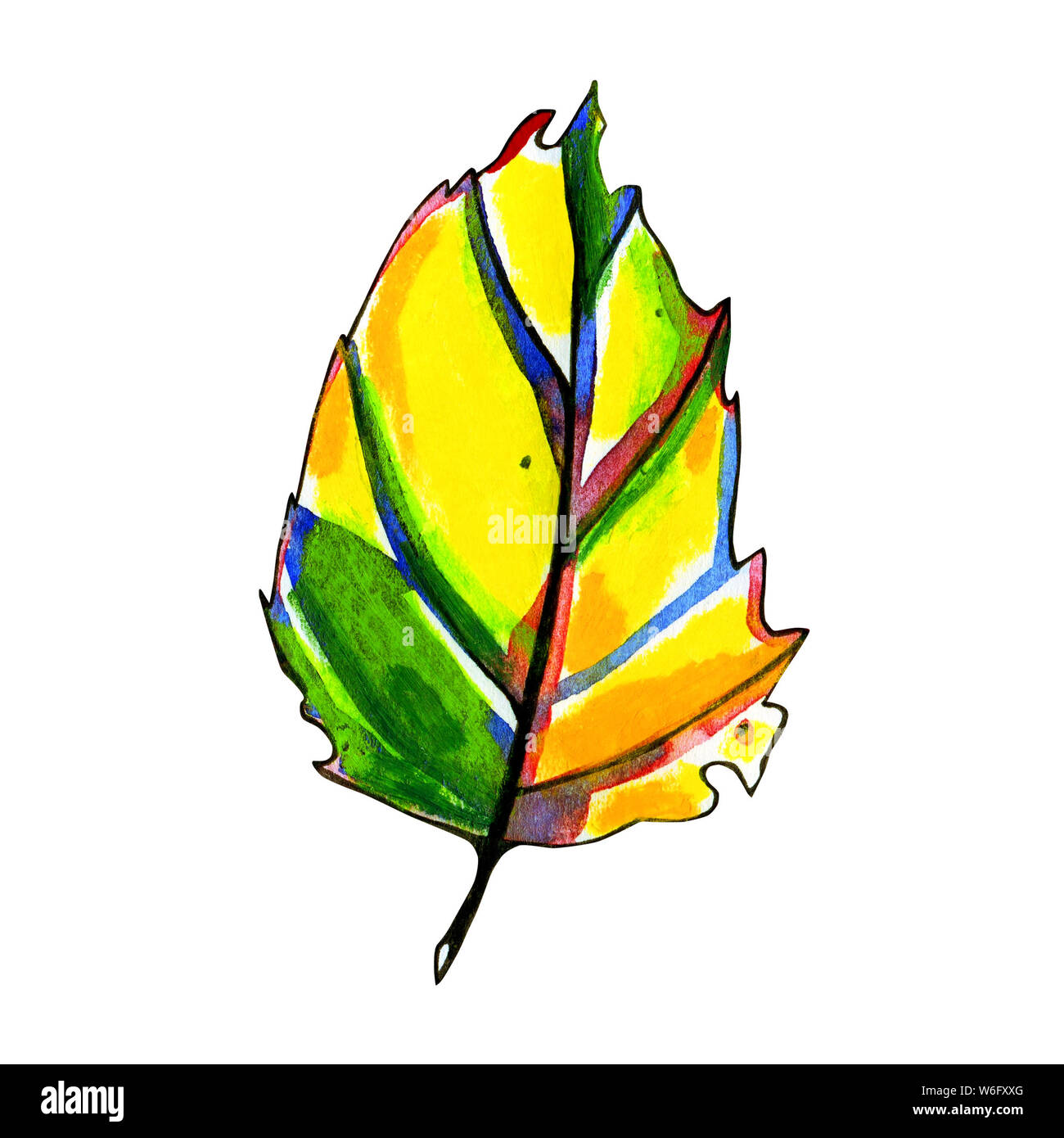Watercolor stylized graphic autumn leaf. Hand painted with pastel yellow, orange and green colors. Blue, red and black ink contour. Isolated object on Stock Photo
